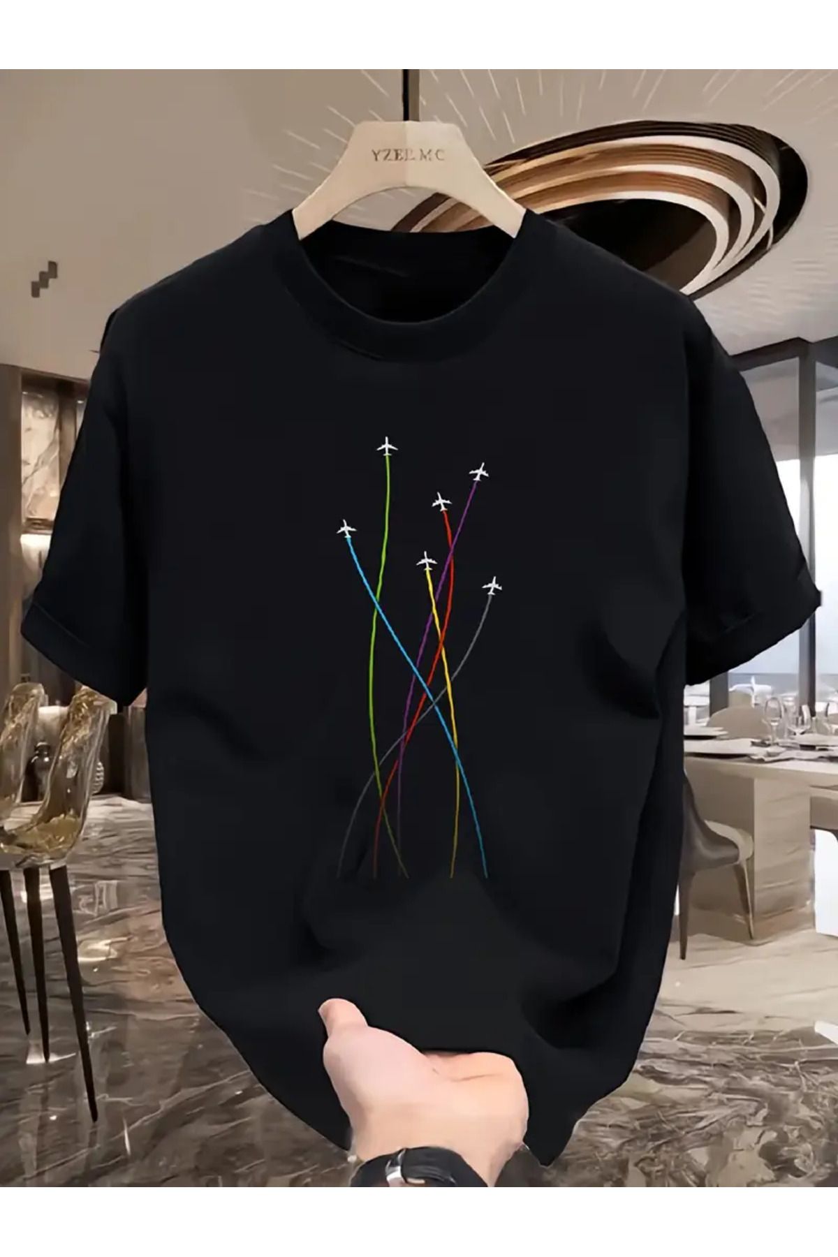 AEMİ Unisex Fliying Plane Baskılı Oversize Bisiklet Yaka T-shirt