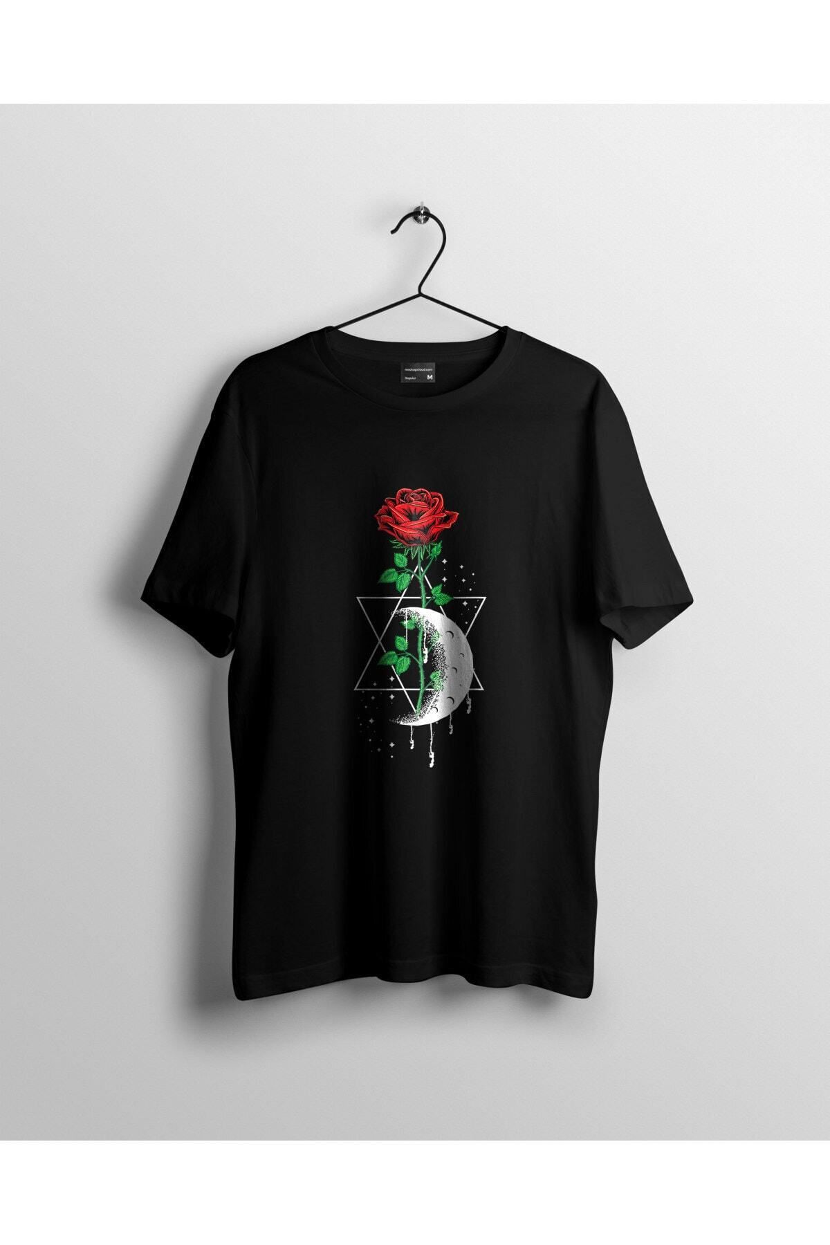 Miba Store Unisex Siyah Gizli Ay ile Gül Baskılı Tshirt