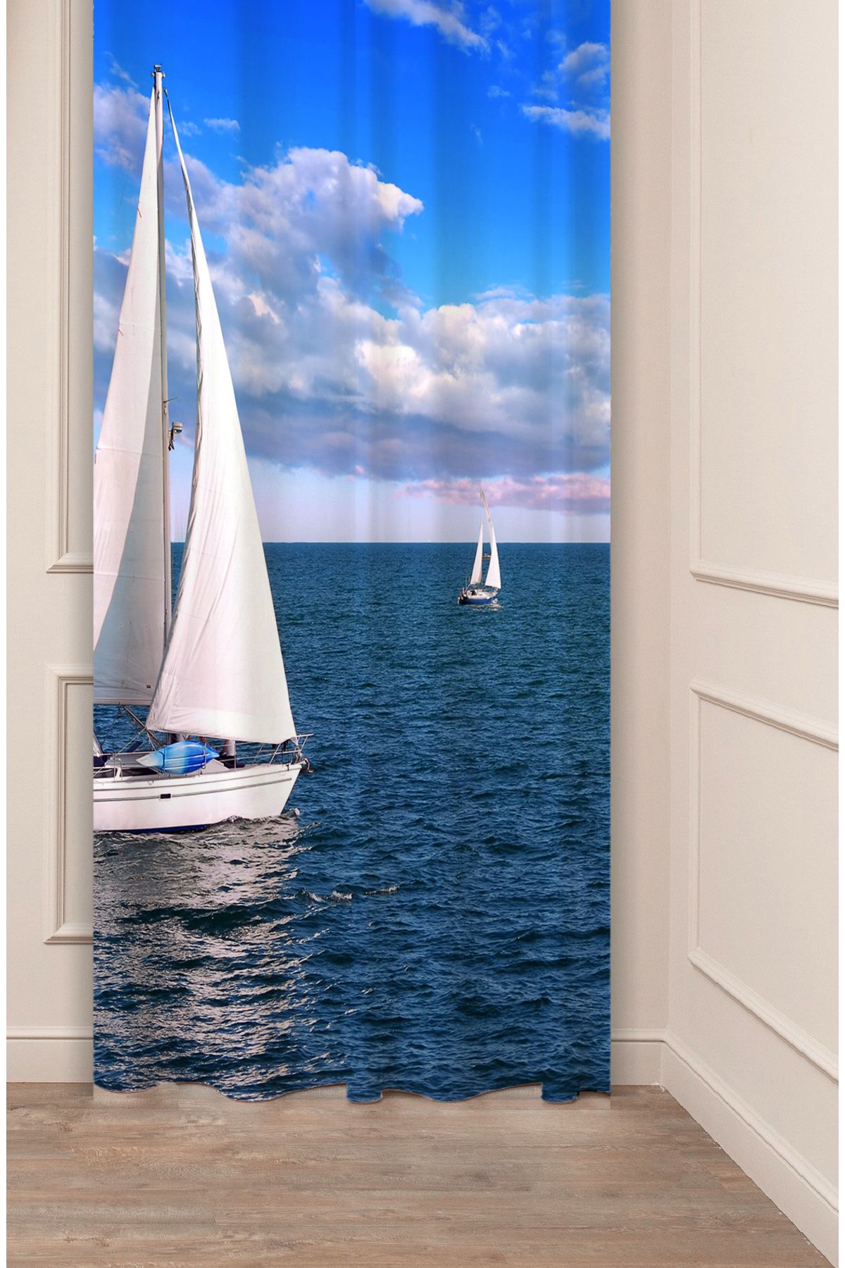 GREENDECOR Deniz Beyaz Gemi Mavi Bulut Su Desenli Özel Tasarım Dijital Baskılı (Tek Kanat) Modern Şık Fon Perde