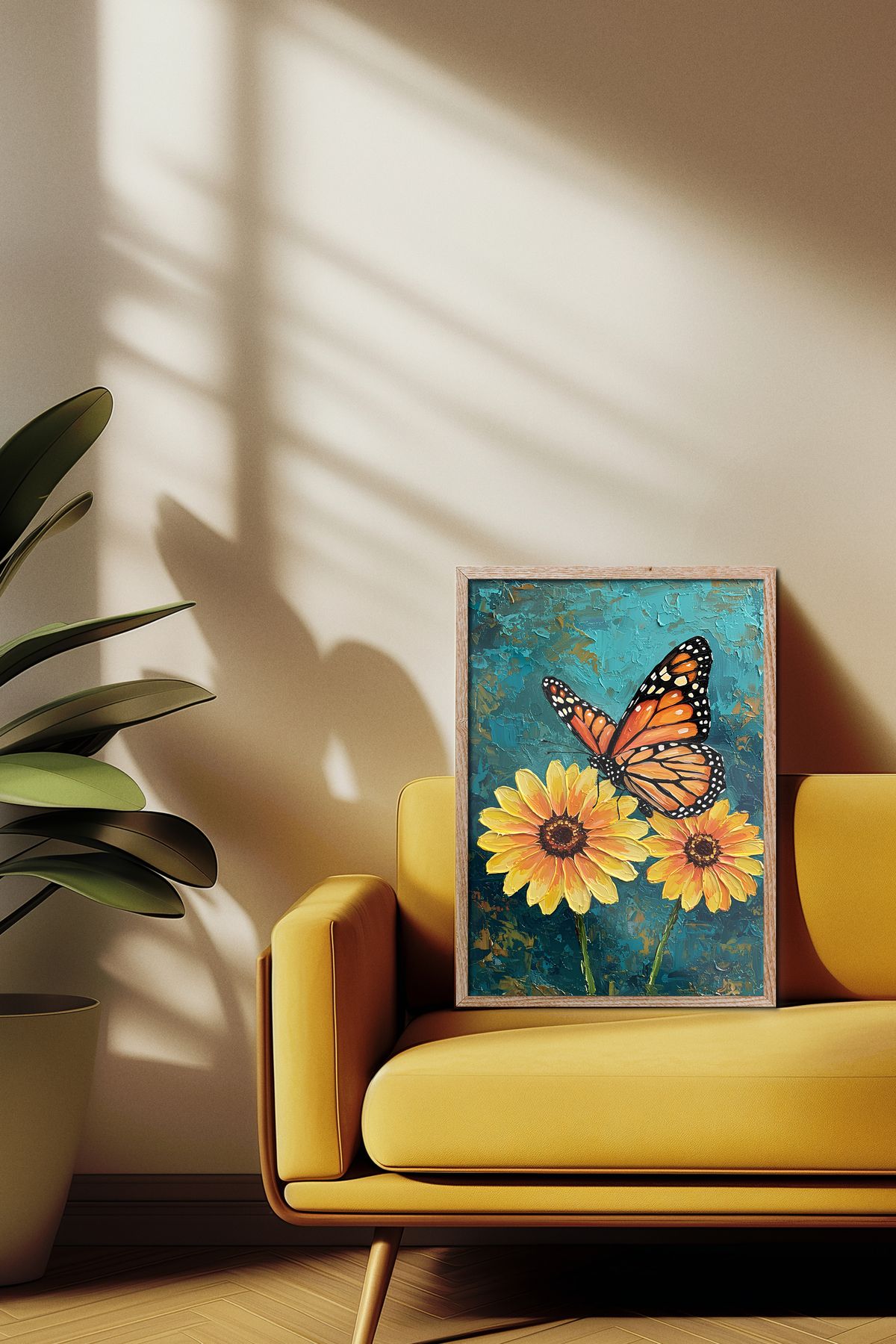 sames decoration Yağlı boya görünümlü çiçek ve kelebek - tekli tablo