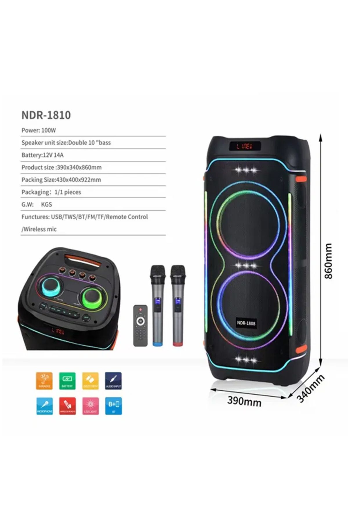 NDR PAZARAZA NDR-1810 BLUETOOTH HOPRALÖR RADYOLU LED IŞIKLI 100RMS SES CANAVARI