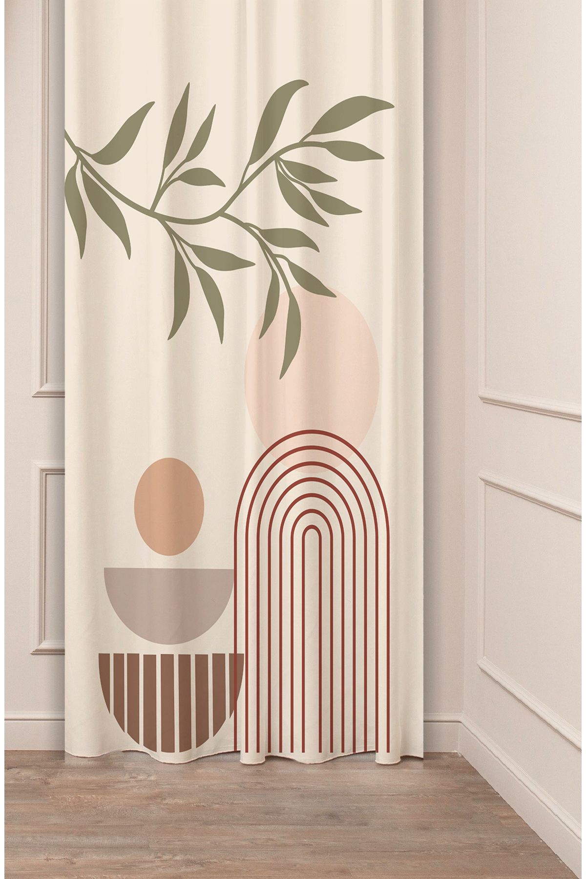 GREENDECOR Yaprak Bohem Minimalist Pastel Bej Krem Desenli Özel Tasarım Dijital Baskılı (Tek Kanat) Fon Perde