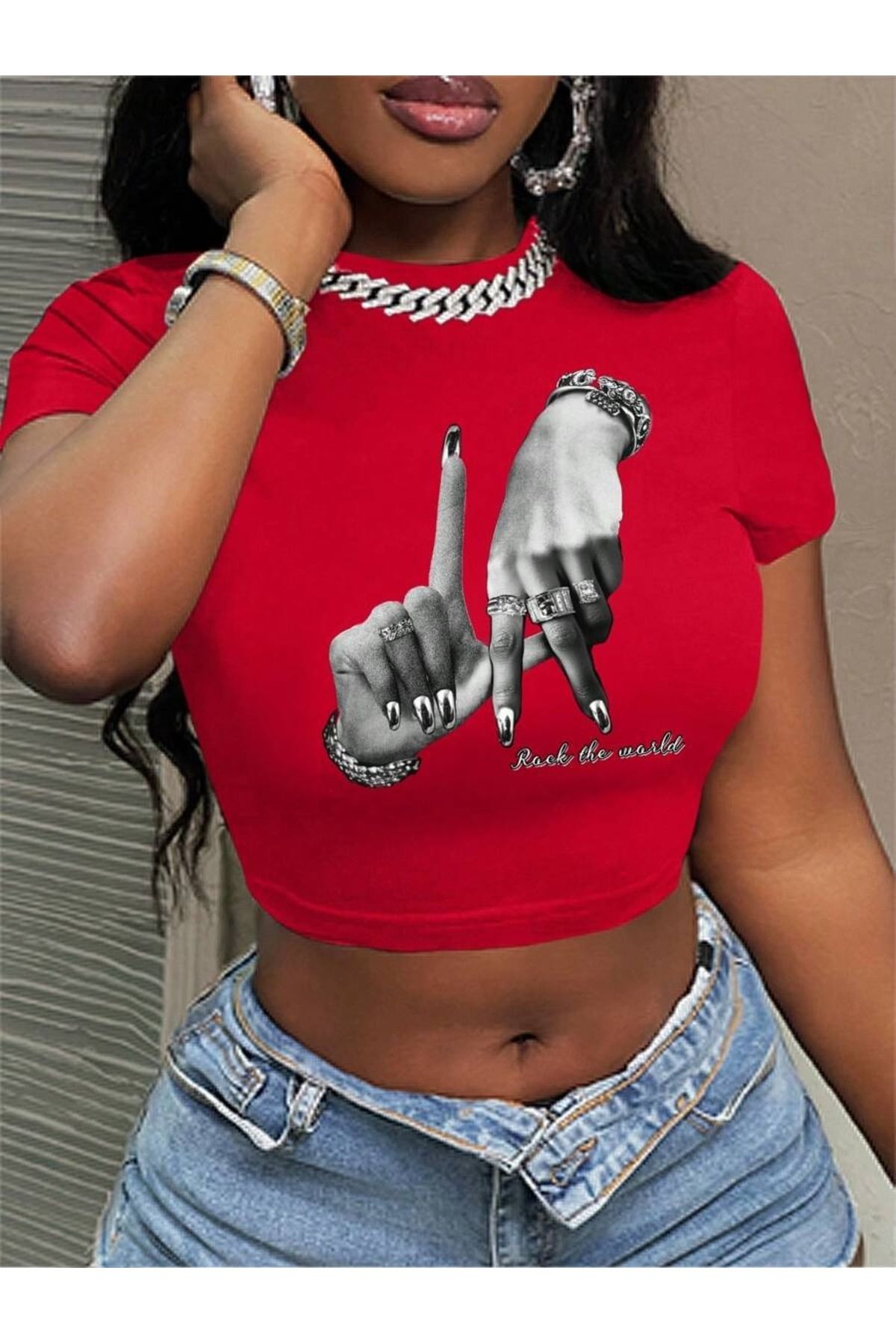 OVER HEAD Kadın Rock The World Baskılı Baby Tee Crop T-shirt