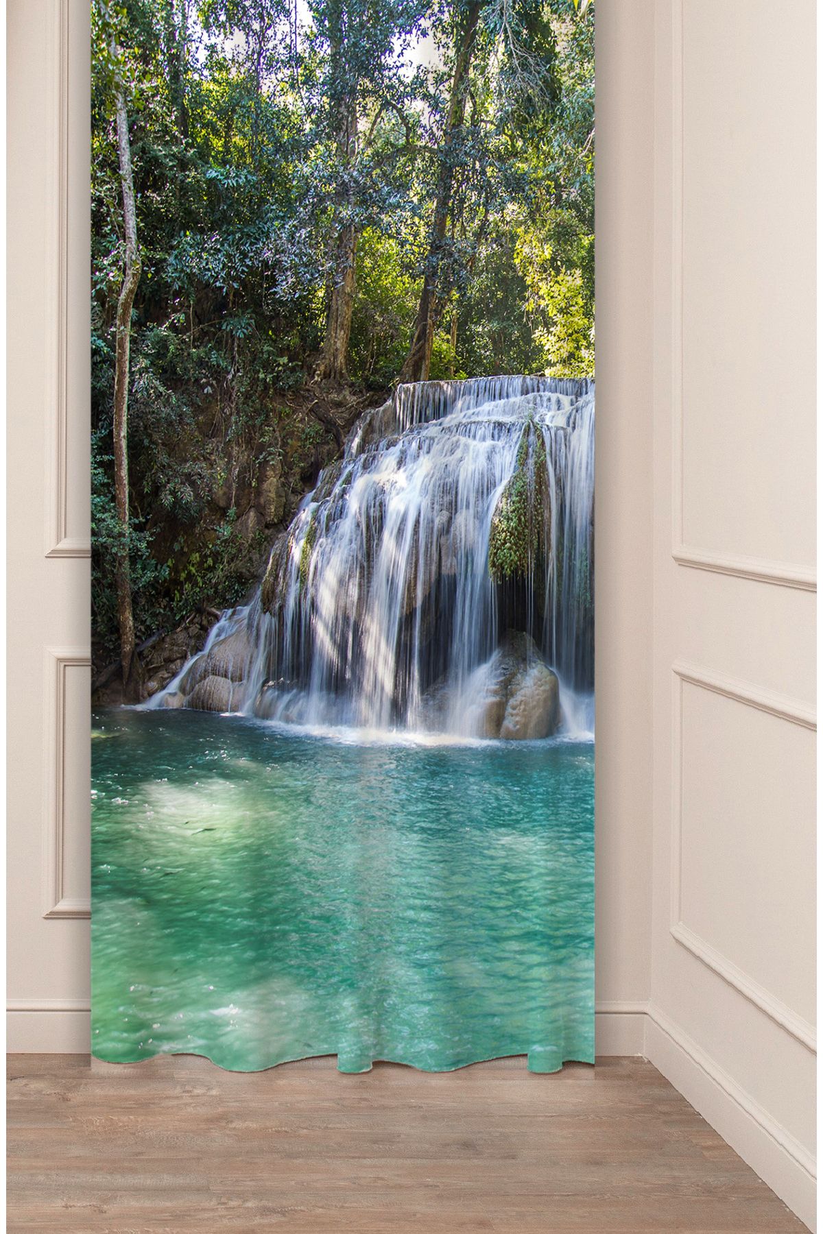 GREENDECOR Şelale Doğa Orman Ağaç Tabiat Manzara Özel Tasarım Dijital Baskılı (Tek Kanat) Modern Şık Fon Perde