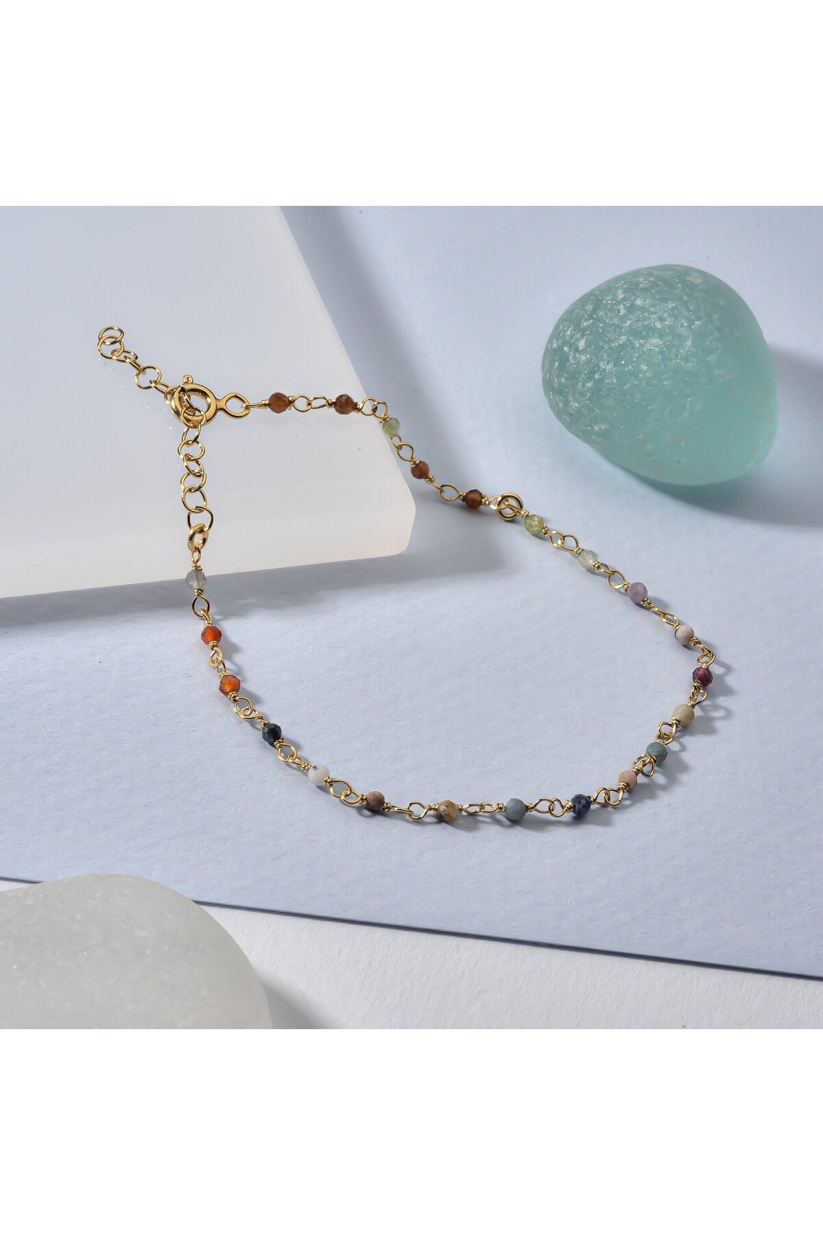 Nox Jewelry 14 Ayar Altın Kaplama Çok Renkli Doğal Taşlı El Yapımı Gümüş Bileklik - CBS00131