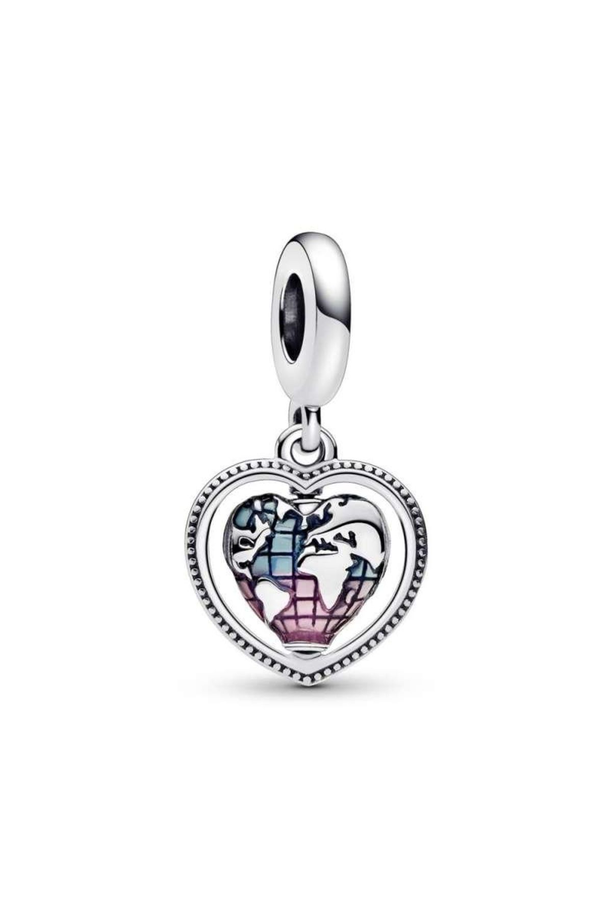 Violet Takı 925 Ayar Gümüş Dönen Aile Kalp Küre Sallantılı Charm