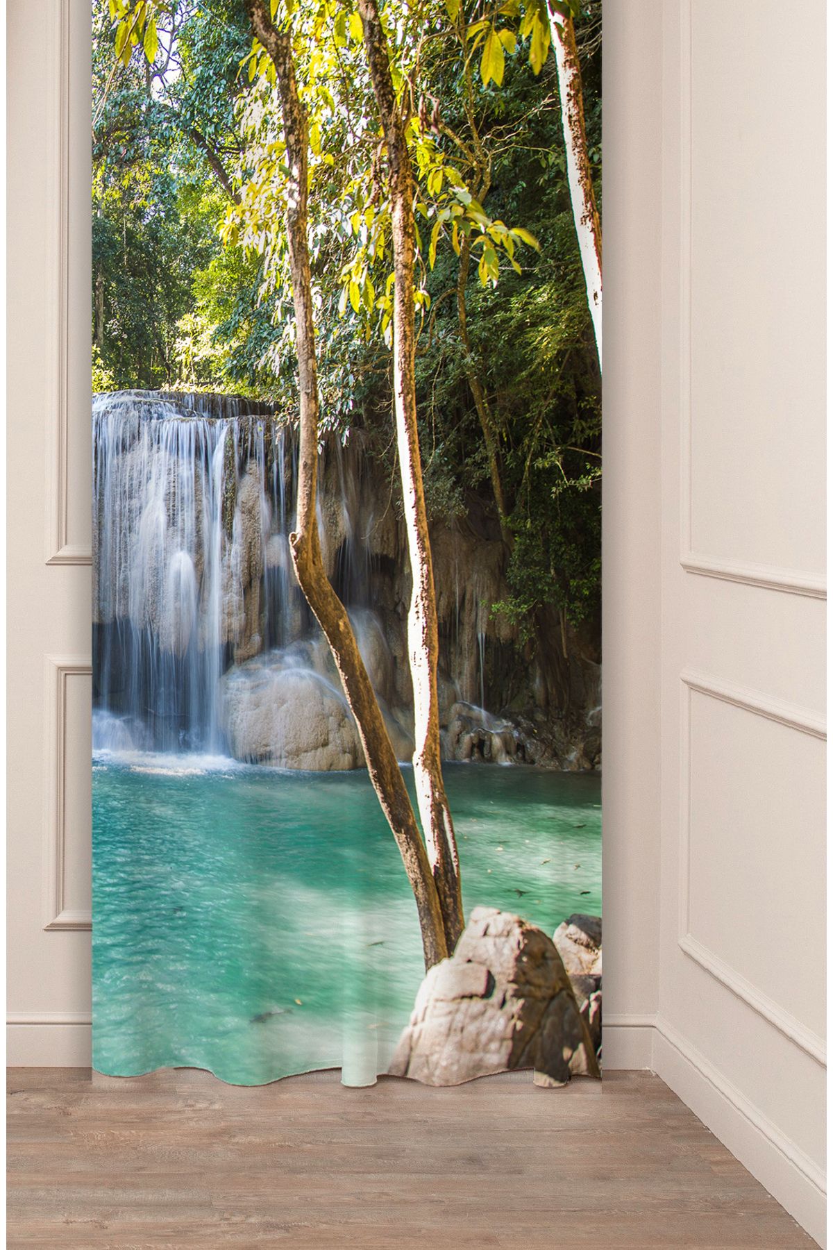 GREENDECOR Şelale Doğa Orman Ağaç Tabiat Turkuaz Manzara Özel Tasarım Dijital Baskılı (Tek Kanat) Şık Fon Perde