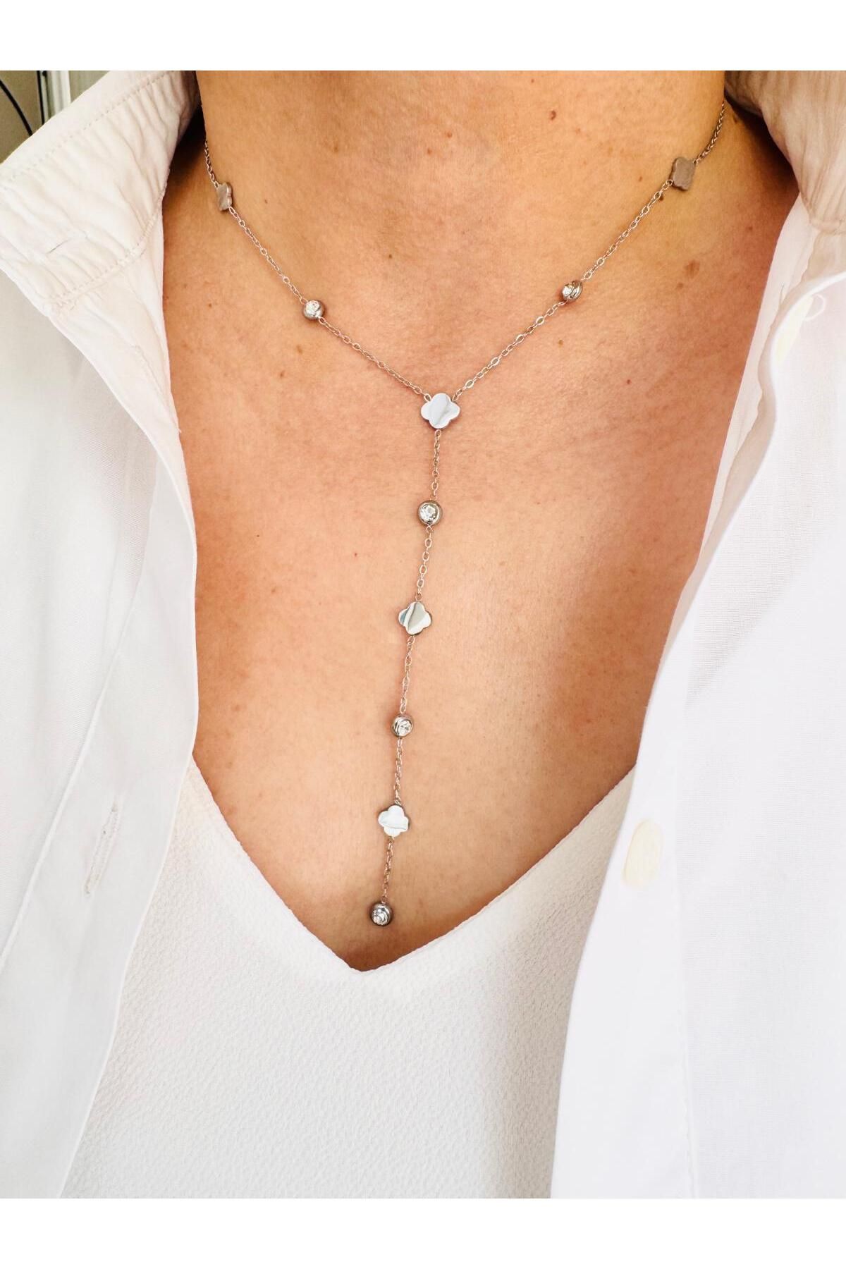 DEVİ fashion Çelik Yonca Silver Y Kolye 42 cm
