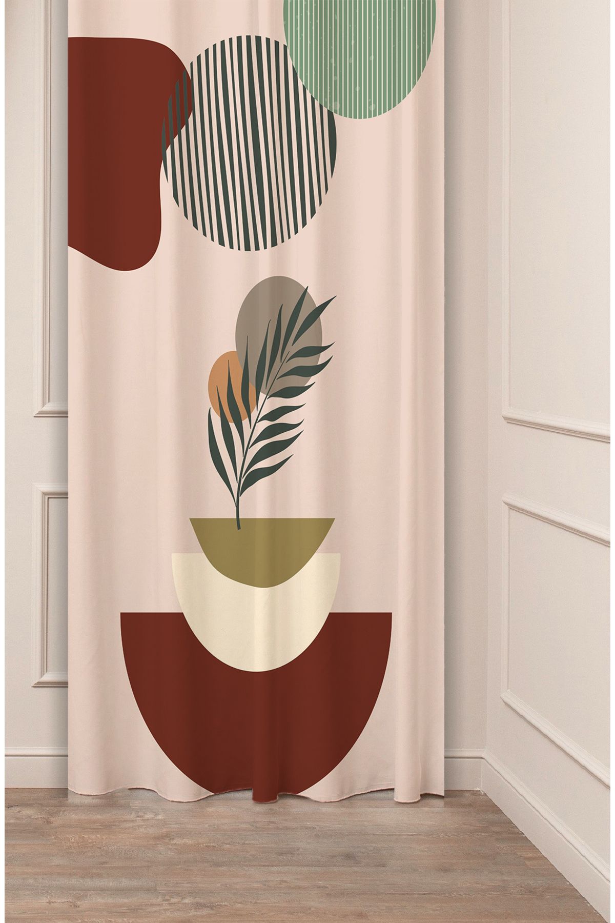 GREENDECOR Yaprak Bohem Minimalist Pastel Bej Krem Desenli Özel Tasarım Dijital Baskılı (Tek Kanat) Fon Perde