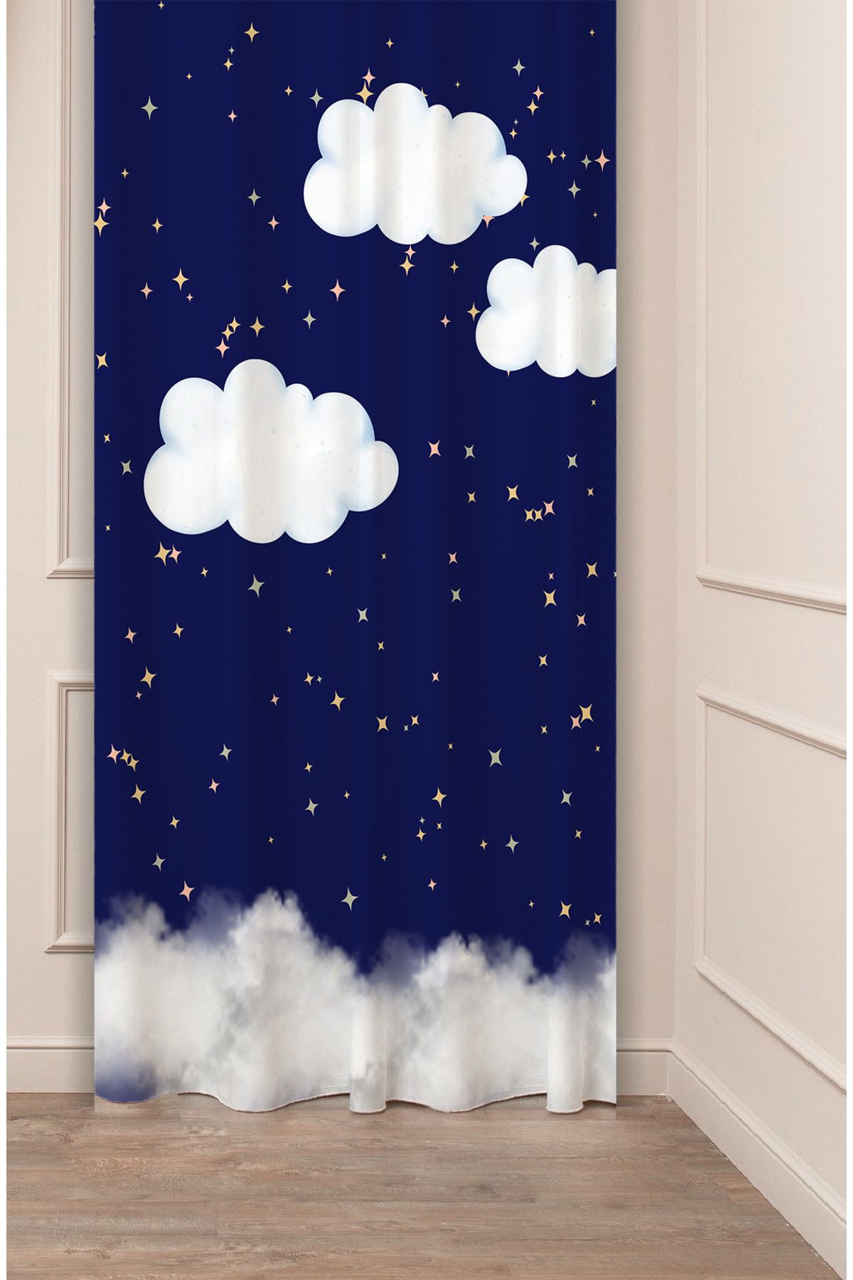GREENDECOR Bulut Yıldız Gece Manzara Özel Tasarım Dijital Baskılı (Tek Kanat) Modern Şık Çocuk Odası Fon Perde