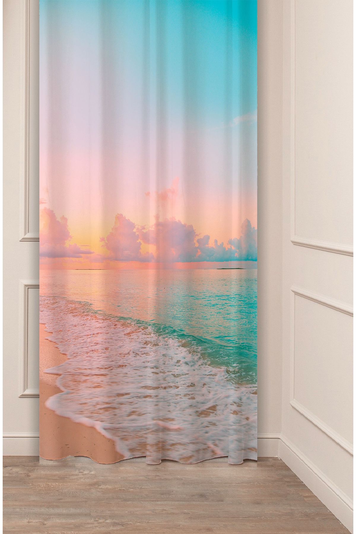 GREENDECOR Deniz Huzur Plaj Kumsal Soft Renk Minimalist Özel Tasarım Dijital Baskılı (Tek Kanat) Şık Fon Perde