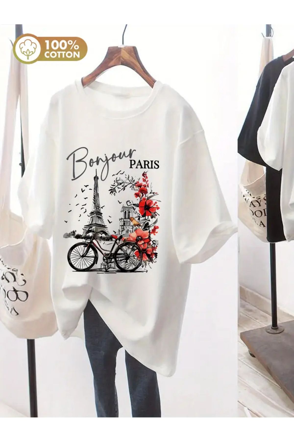 CLASİVA Bonjour PARIS Bisiklet Yaka t-shirt