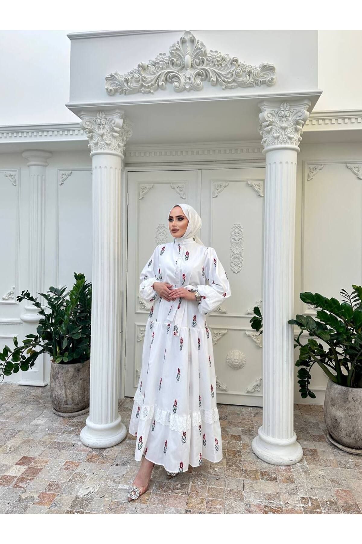 Afili butik HAKİM YAKA KUŞAKLİ ÇİÇEK DESENLİ PAMUKLU TERİKOTON ELBİSE - DANTEL DETAYLİ