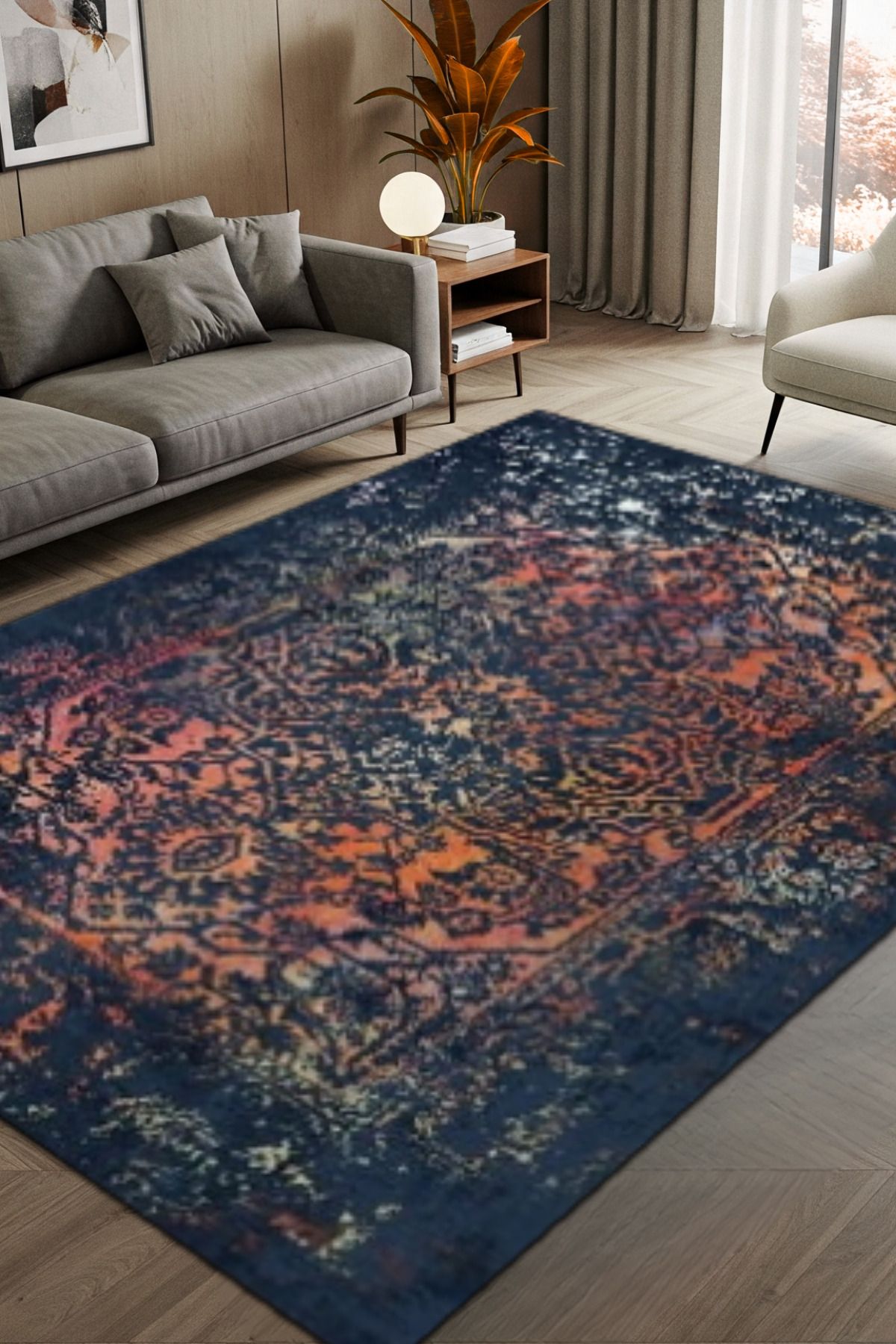The Reef Design Siyah Turuncu Eskitme Halı Dijital Baskılı Dokuma Kaymaz Tabanlı Yıkanabilir Salon ve Antre Halısı