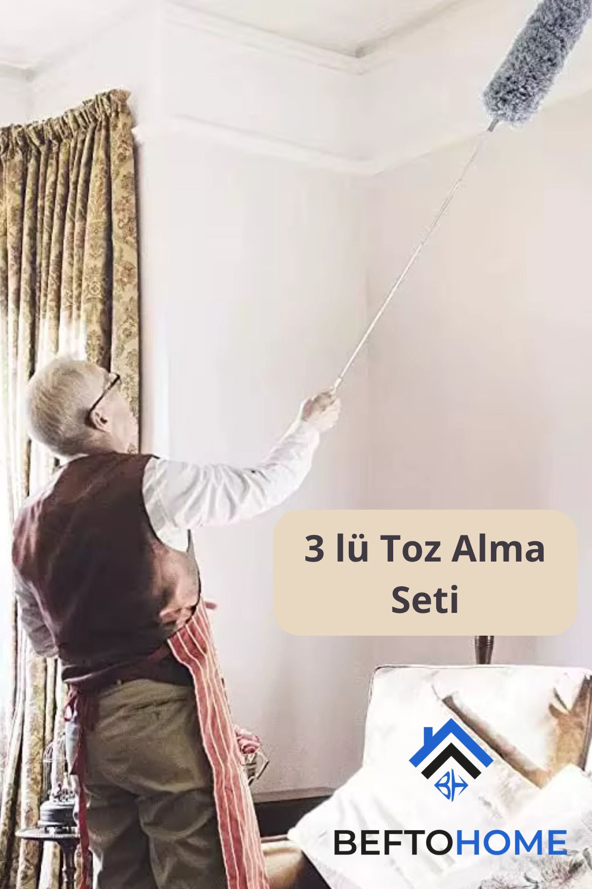 BEFTO HOME Mikrofiber Manyetik 3’lü Toz Alma Seti | Anti-statik, Bükülebilen, Uzayabilen Saplı Pratik Temizlik