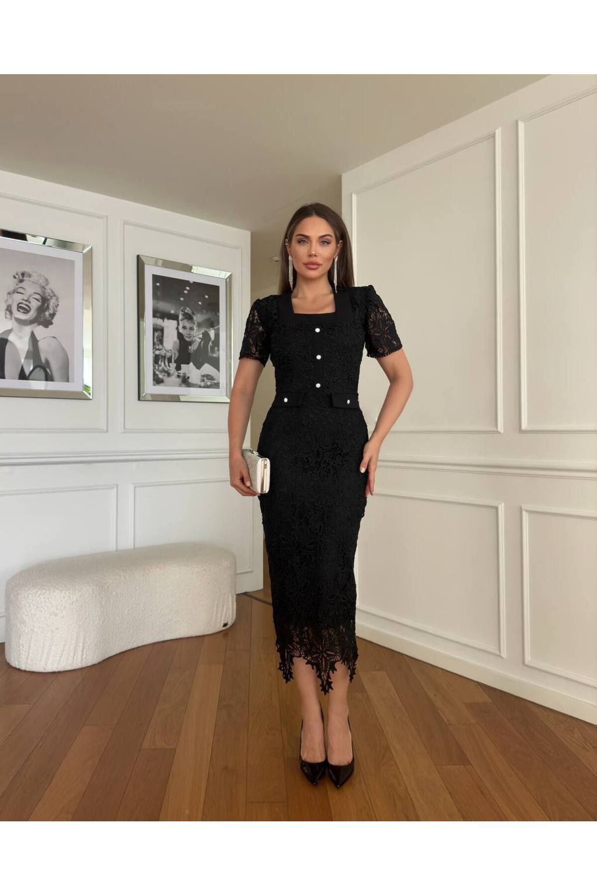 Castivo Fashion Kare Yaka Kısa Kollu Dantel Abiye Elbise