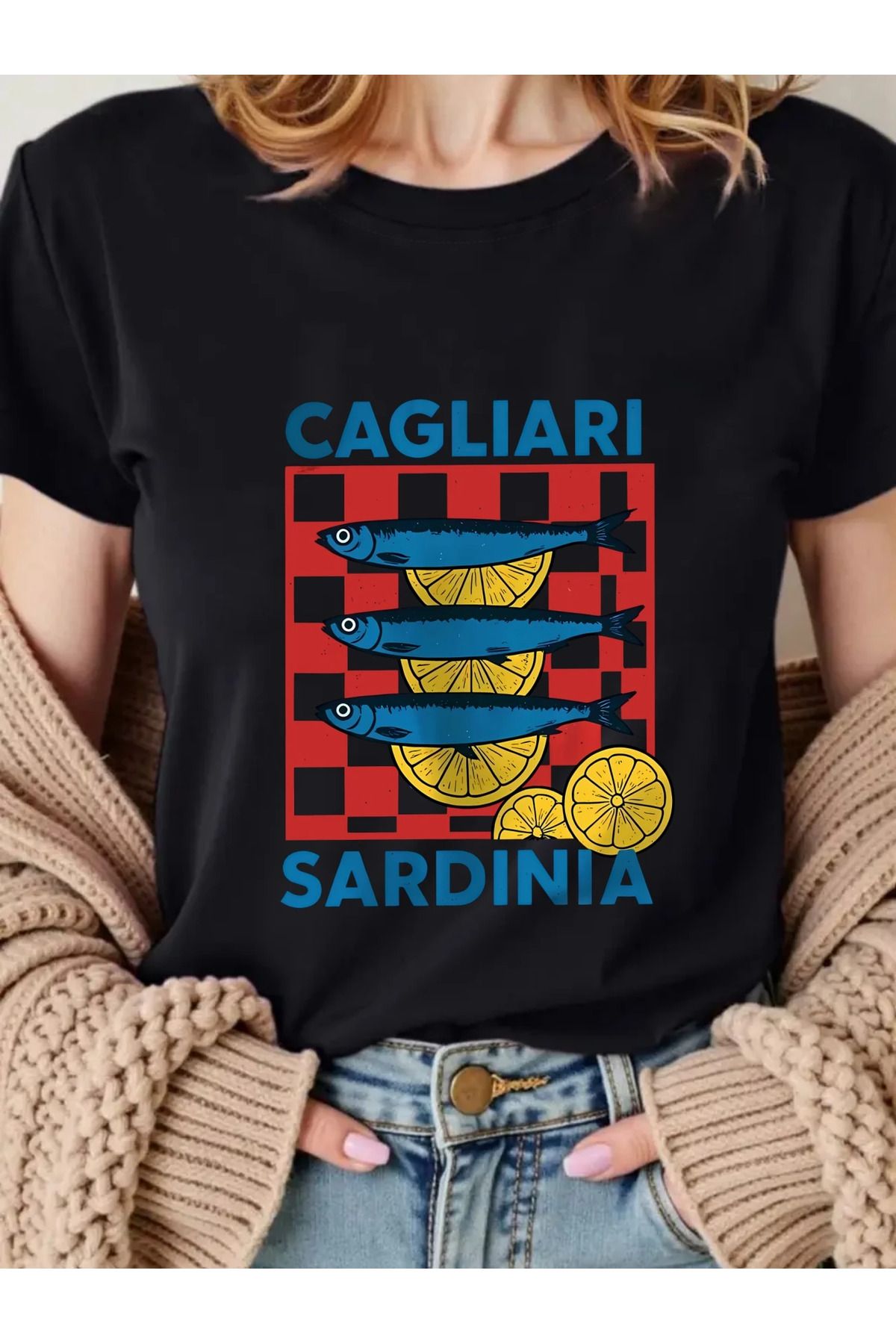 AEMİ Kadın Sardinia Baskılı Oversize Bisiklet Yaka T-shirt