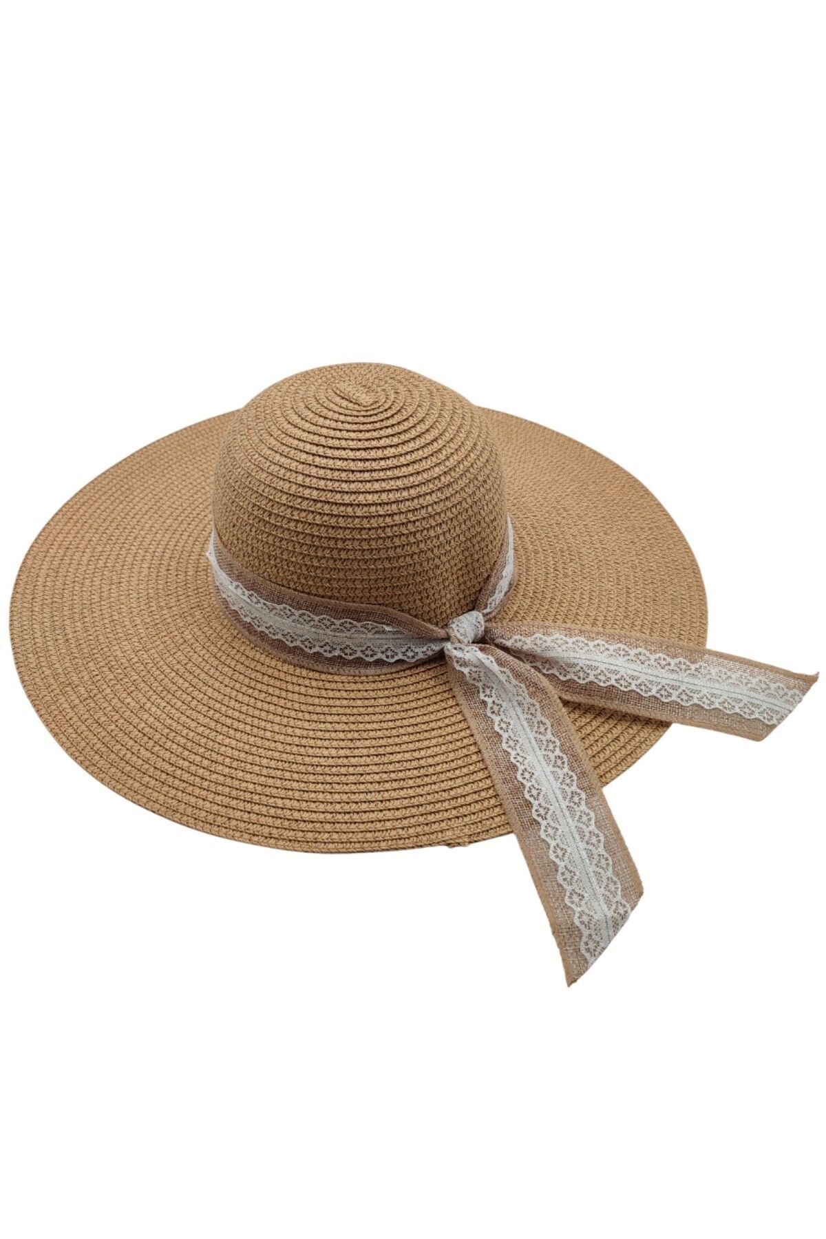 AXE SPORTSWEAR Camel Renk Kadın Fiyonklu Dantel Detaylı Hasır Plaj Şapkası Beach Hat