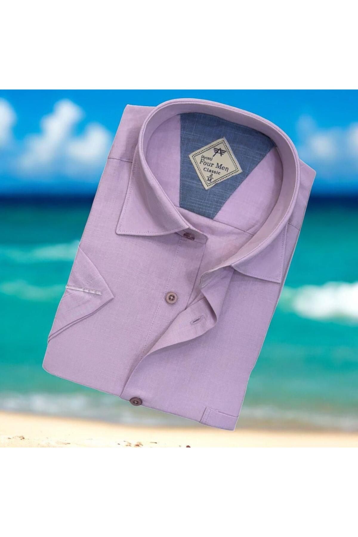 EREN STYLE Linen Keten Klasik Uzun Kollu Lila Erkek Gömlek (Regular Kalıp)