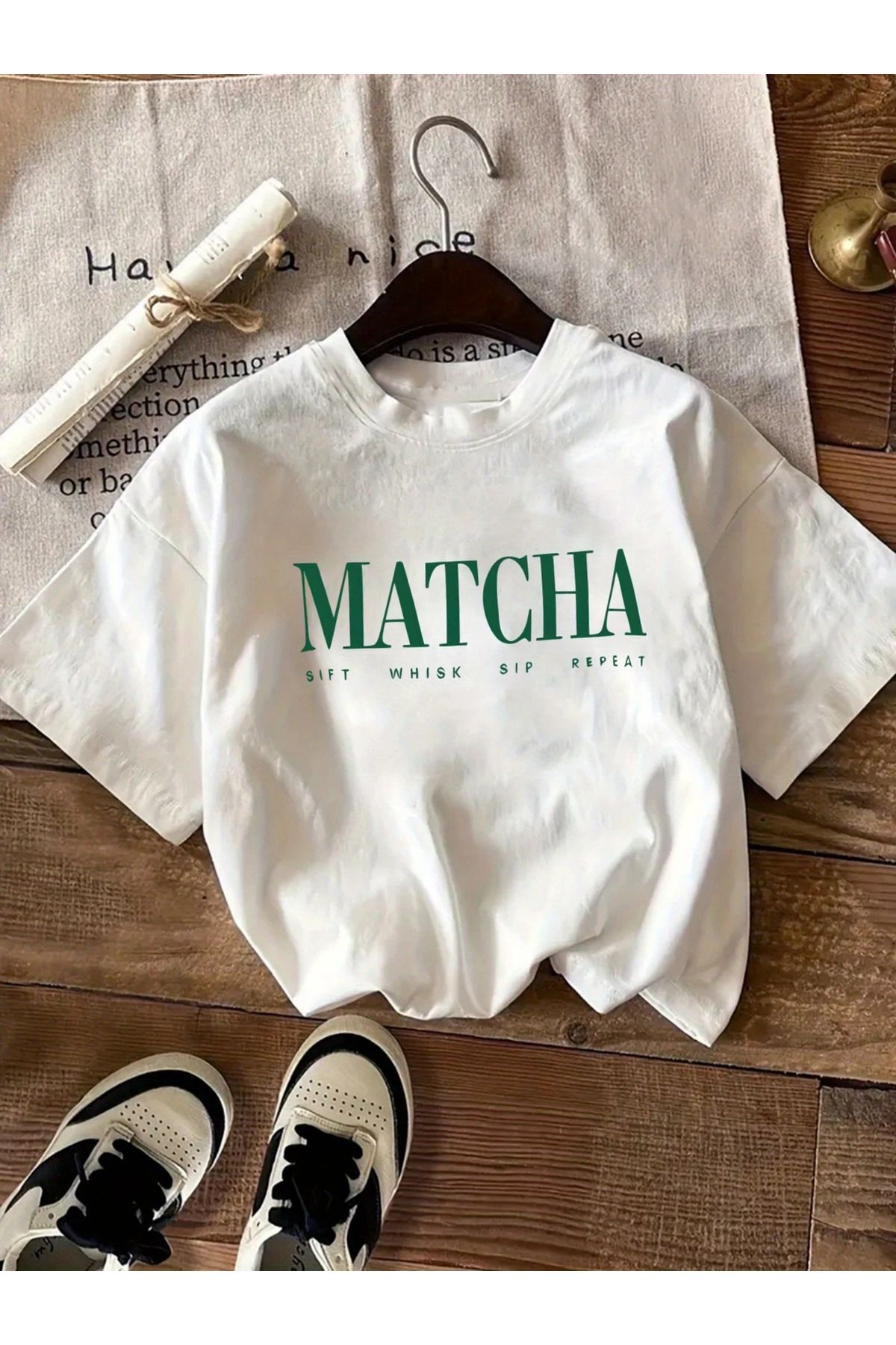 AEMİ Kadın Matcha Baskılı Oversize Bisiklet Yaka T-shirt