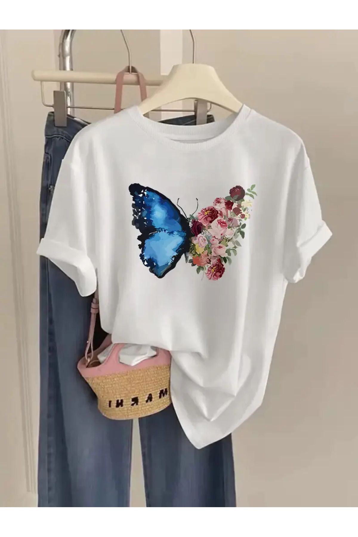 CLASİVA Kelebek Çiçek oversize Bisiklet Yaka t-shirt