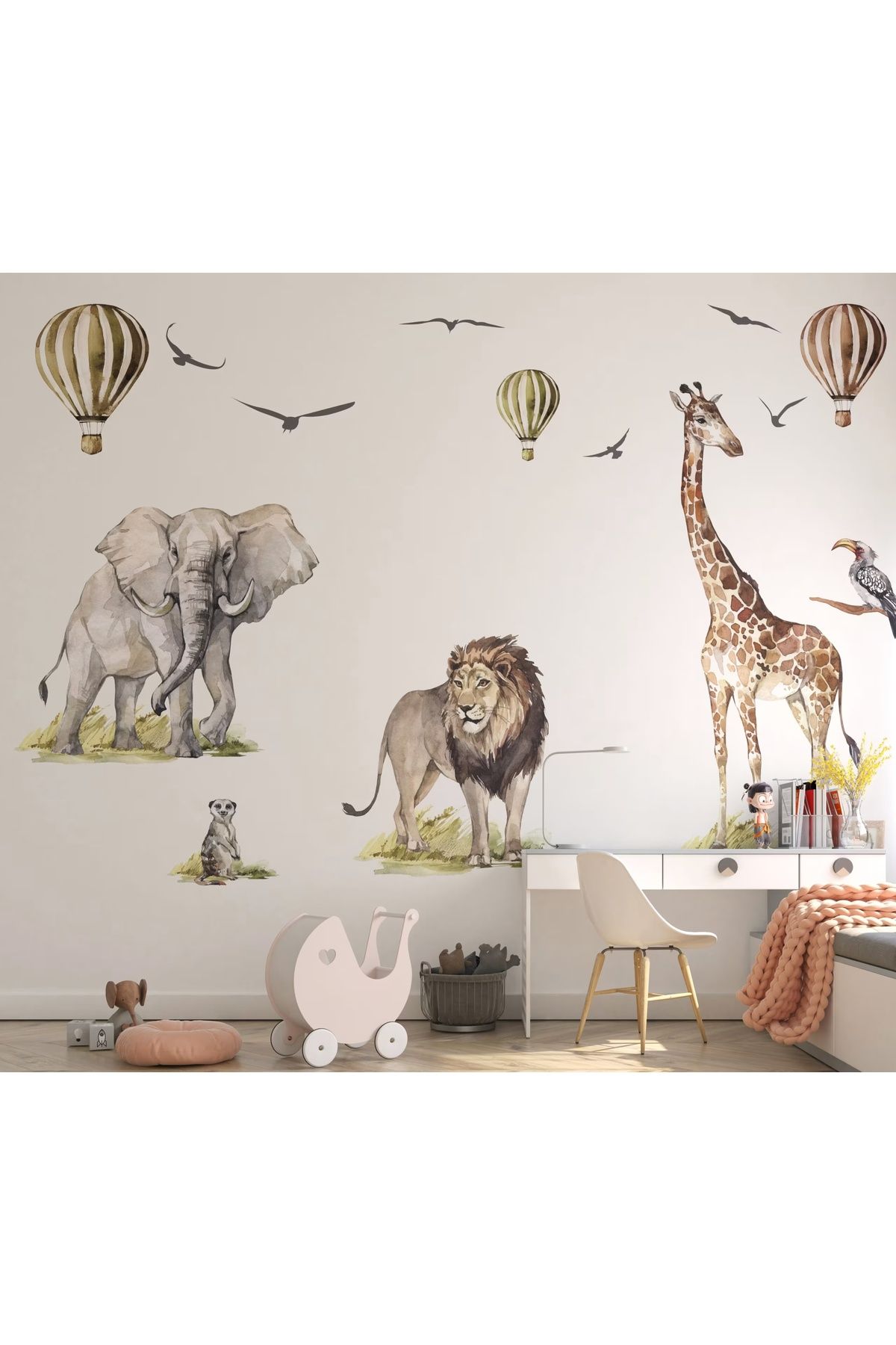 İkon Safari Hayvanları ve Balon Çocuk Odası Duvar Sticker Seti