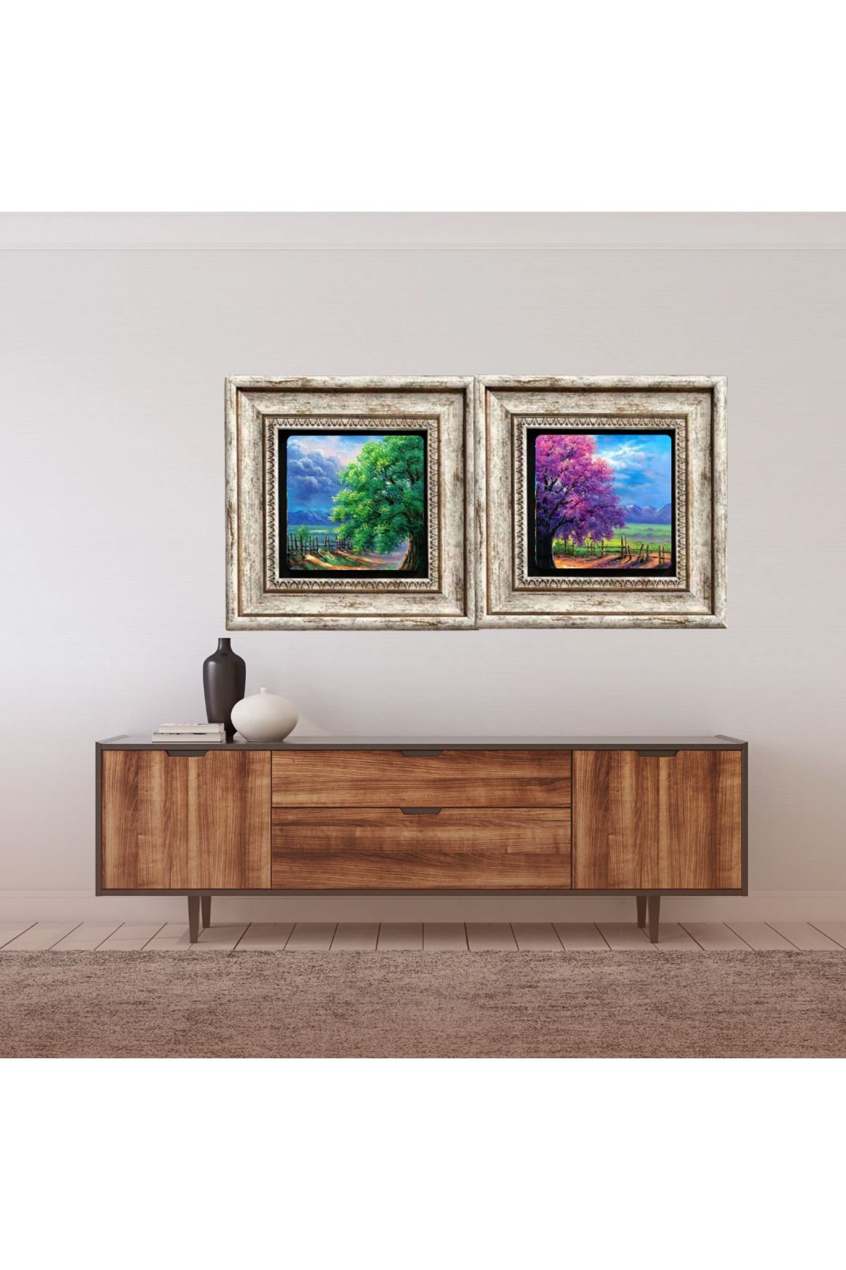 STONEVİVEART Manzara DoğalTaş Baskılı Çerçeveli Tablol 2 li 20x20cm Duvar Dekoru