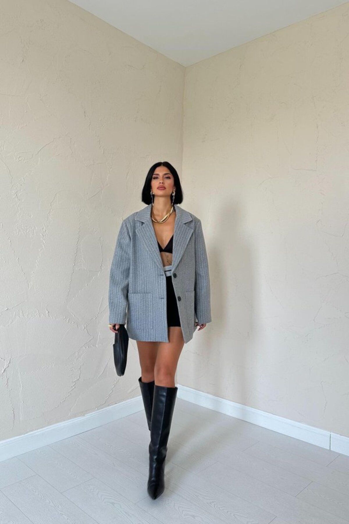hepimiz alalım Gri Çizgili Oversize Ceket