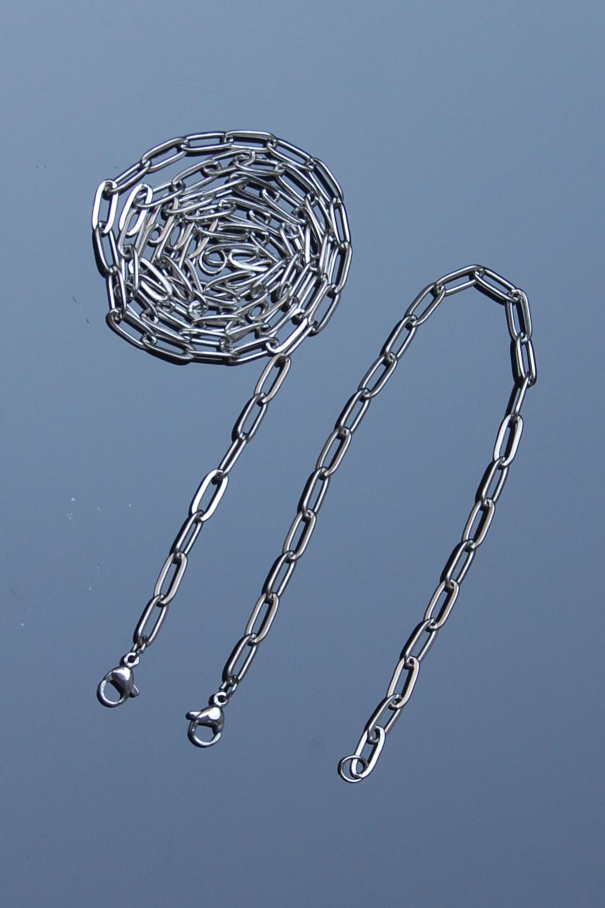 Rua Jewelry Ataş Zincir Paslanmaz Çelik Kolye&bileklik Set Gümüş Renk-4mm 2 Yıl Garanti