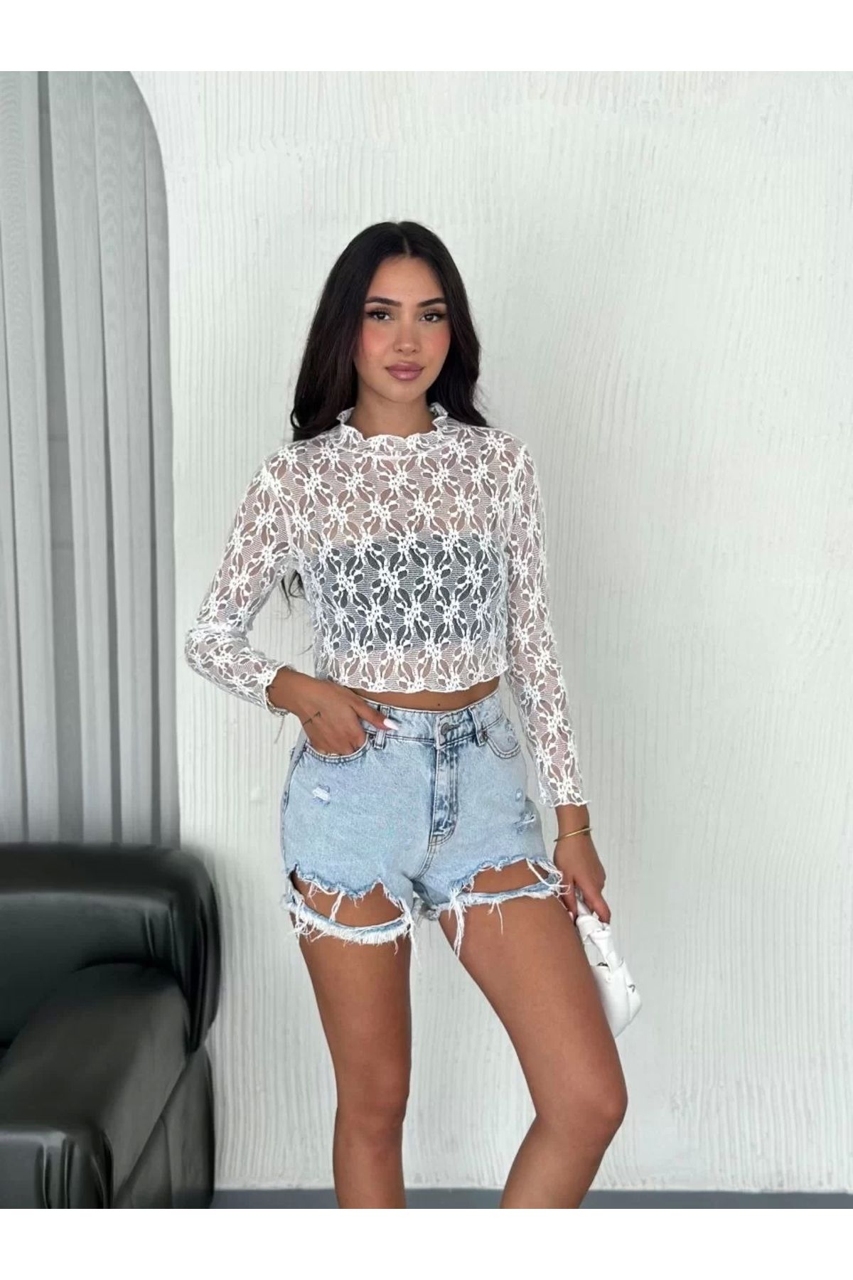 BÜŞRA TEZEL MODA Kadın Dantel Uzun Kol Bluz- Beyaz