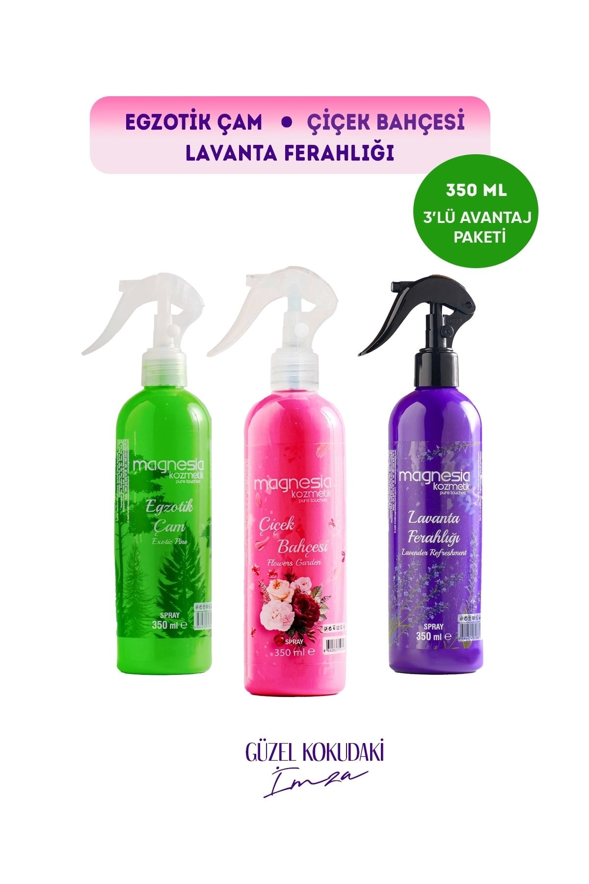 Magnesia Kozmetik Pure Touches MAGNESİA OTO PARFÜM SPREYİ LAVANTA,ÇİÇEK BAHÇESİ,ÇAM 3'LÜ AVANTAJLI SET