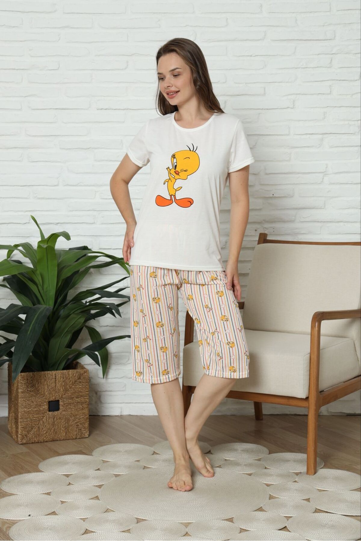 HUBEN kadın kapri pamuklu pijama takımı
