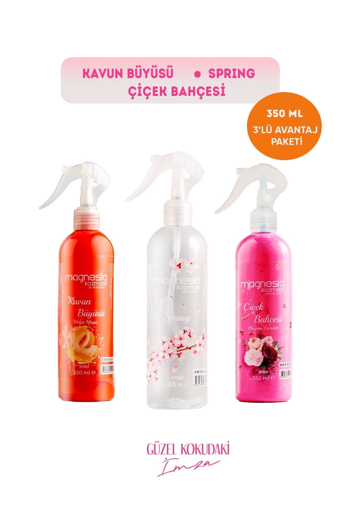 Magnesia Kozmetik Pure Touches MAGNESİA OTO PARFÜM SPREYİ KAVUN,SPRİNG,ÇİÇEK BAHÇESİ 3'LÜ AVANTAJLI SET