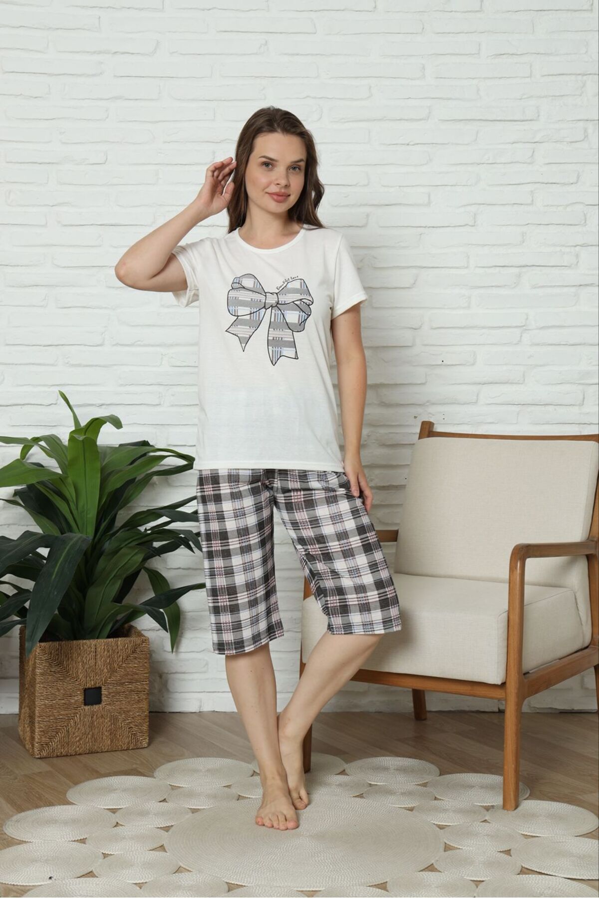 HUBEN kadın kapri pamuklu pijama takımı