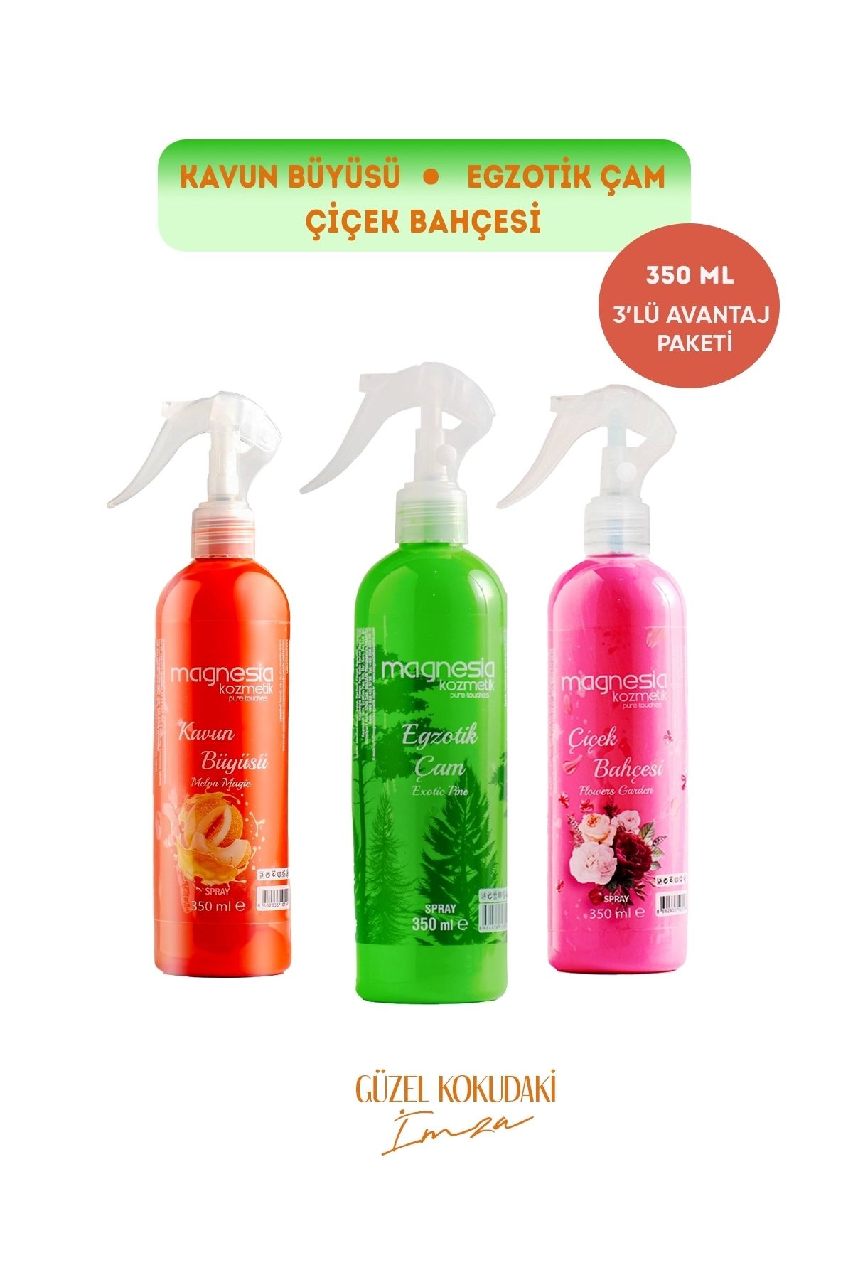 Magnesia Kozmetik Pure Touches MAGNESİA OTO PARFÜM SPREYİ KAVUN,ÇİÇEK BAHÇESİ,ÇAM 3'LÜ AVANTAJLI SET