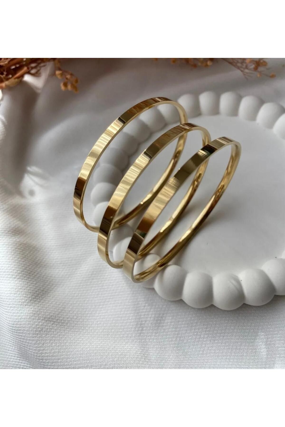 LİSBOND ELEGANCE Lisbond Elegance 3 lü kalın ajda bilezik kadın gold renk 22 cm 65mm