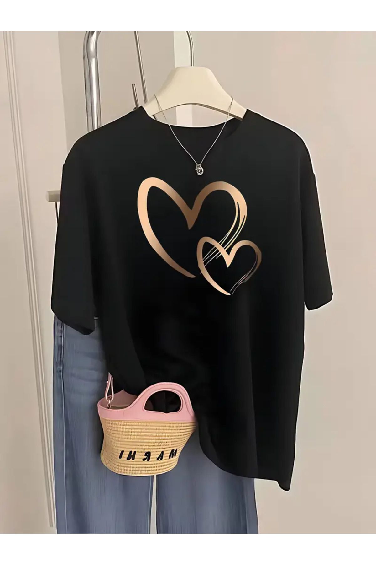 CLASİVA Kalp Baskılı Oversize Bisiklet Yaka t-shirt