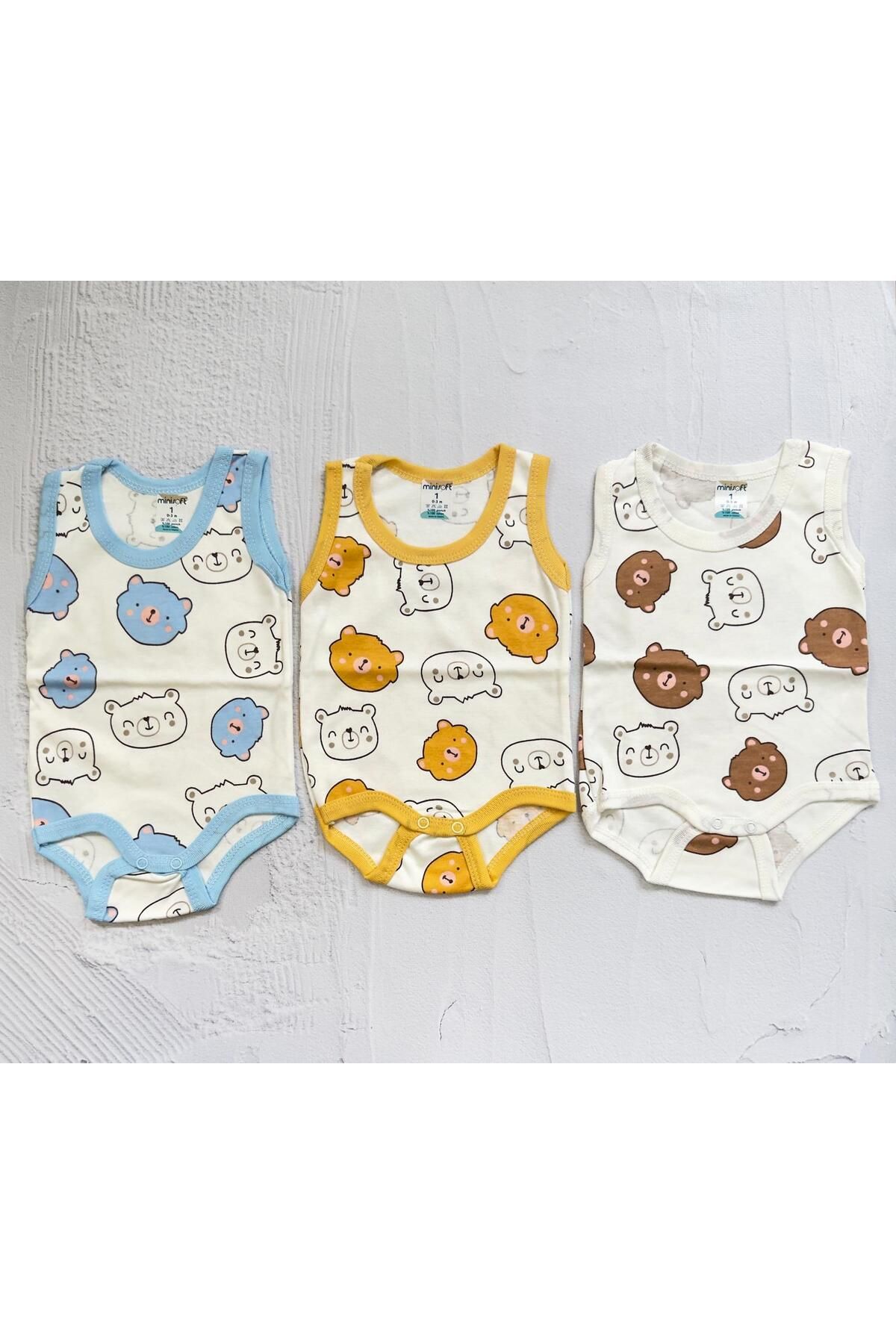 Minim 3'lü Ayıcık Baskılı İnterlok Zıbın, Unisex %100 Pamuklu, Çıt Çıtlı