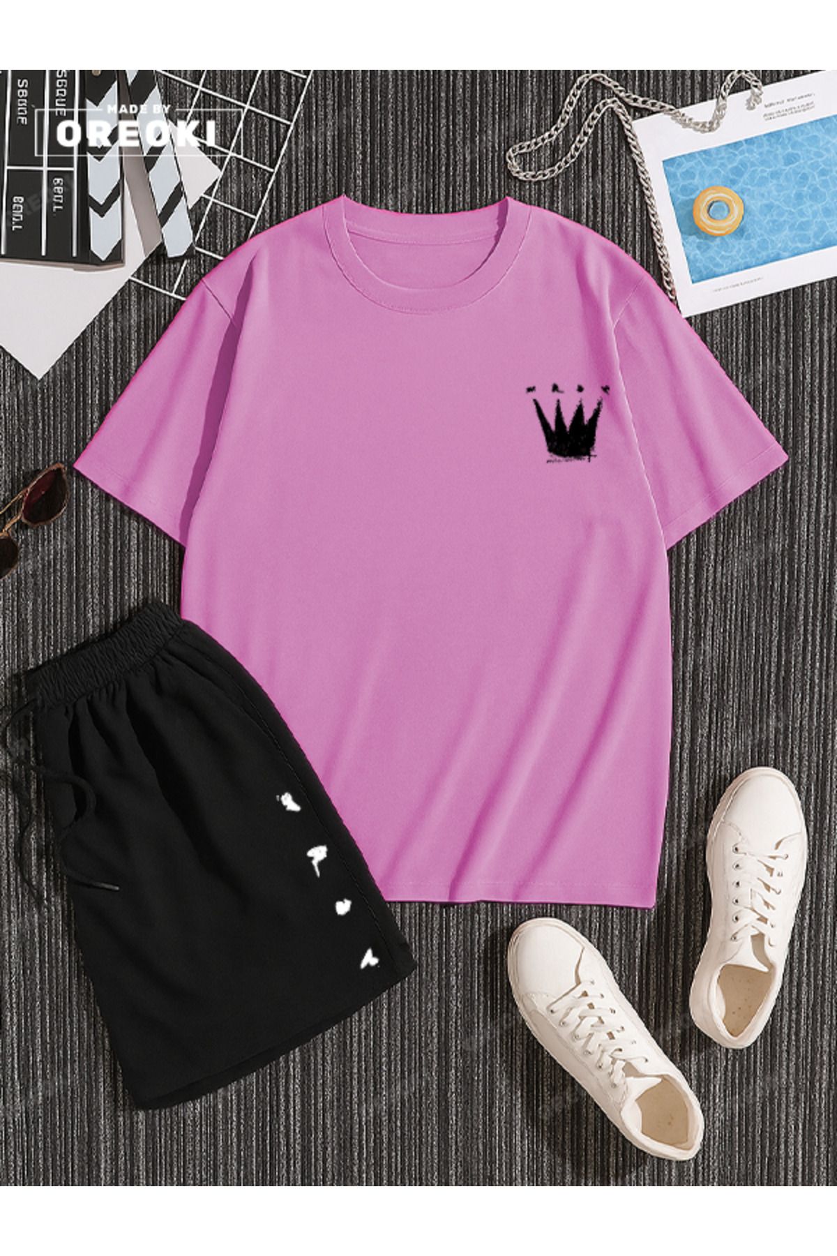 EFFRENATU Küçük Kral \ Kraliçe Baskılı Pamuklu Unisex Pembe Tişört-Siyah Şort Takım