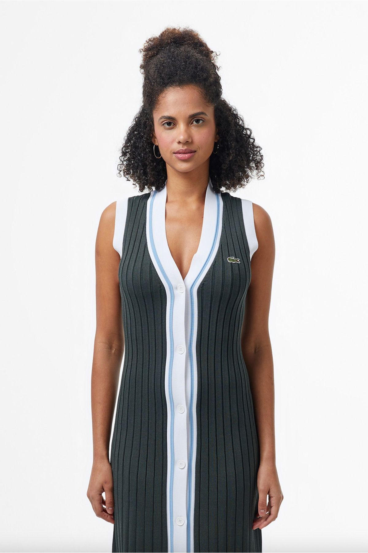 Lacoste Flared Piqué V Neck Dress