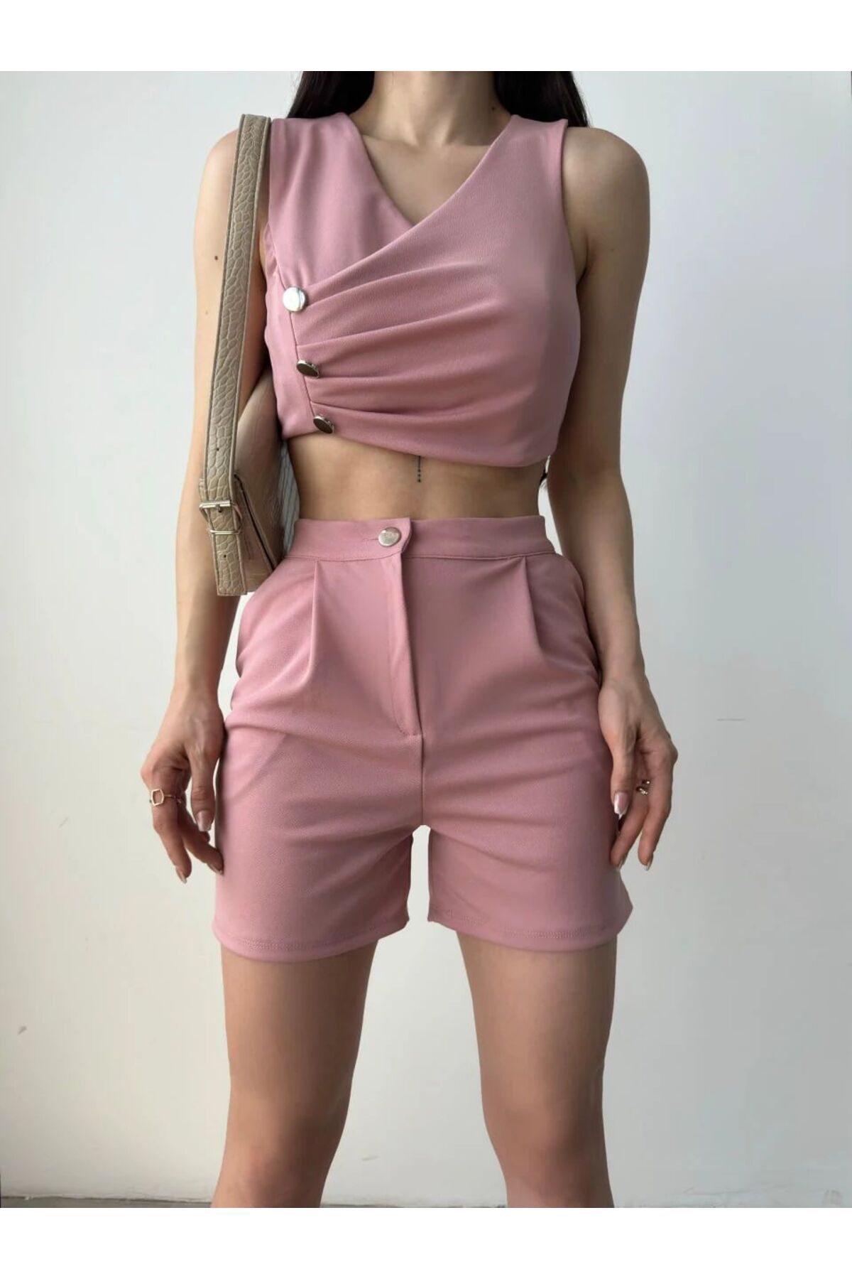 neonstore Kadın Kruvaze Yaka Crop Yelek Ve Şort Ikili Takım