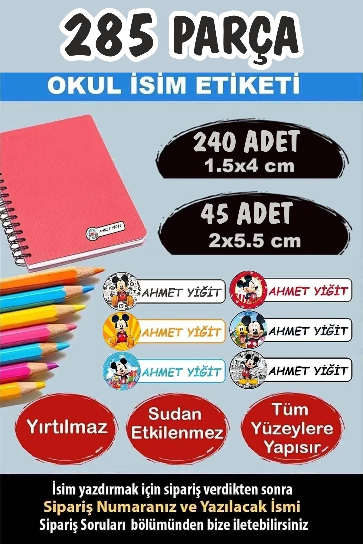 KT Decor Okul Etiketi Kalem Defter Etiketi Özel Isimli Etiket Mickey Mouse 6 Figür 285 Parça