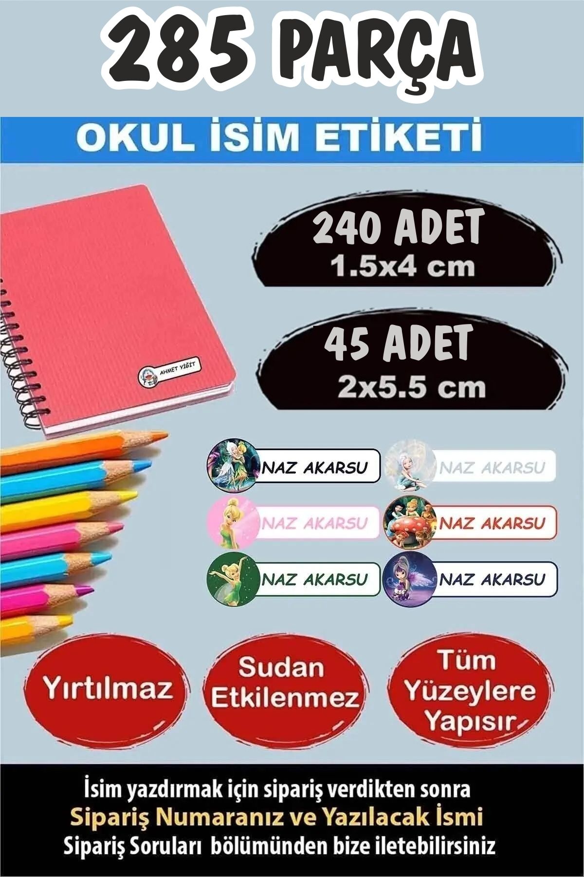 KT Decor Okul Etiketi Kalem Defter Etiketi Özel Isimli Etiket Periler 6 Figür 285 Parça