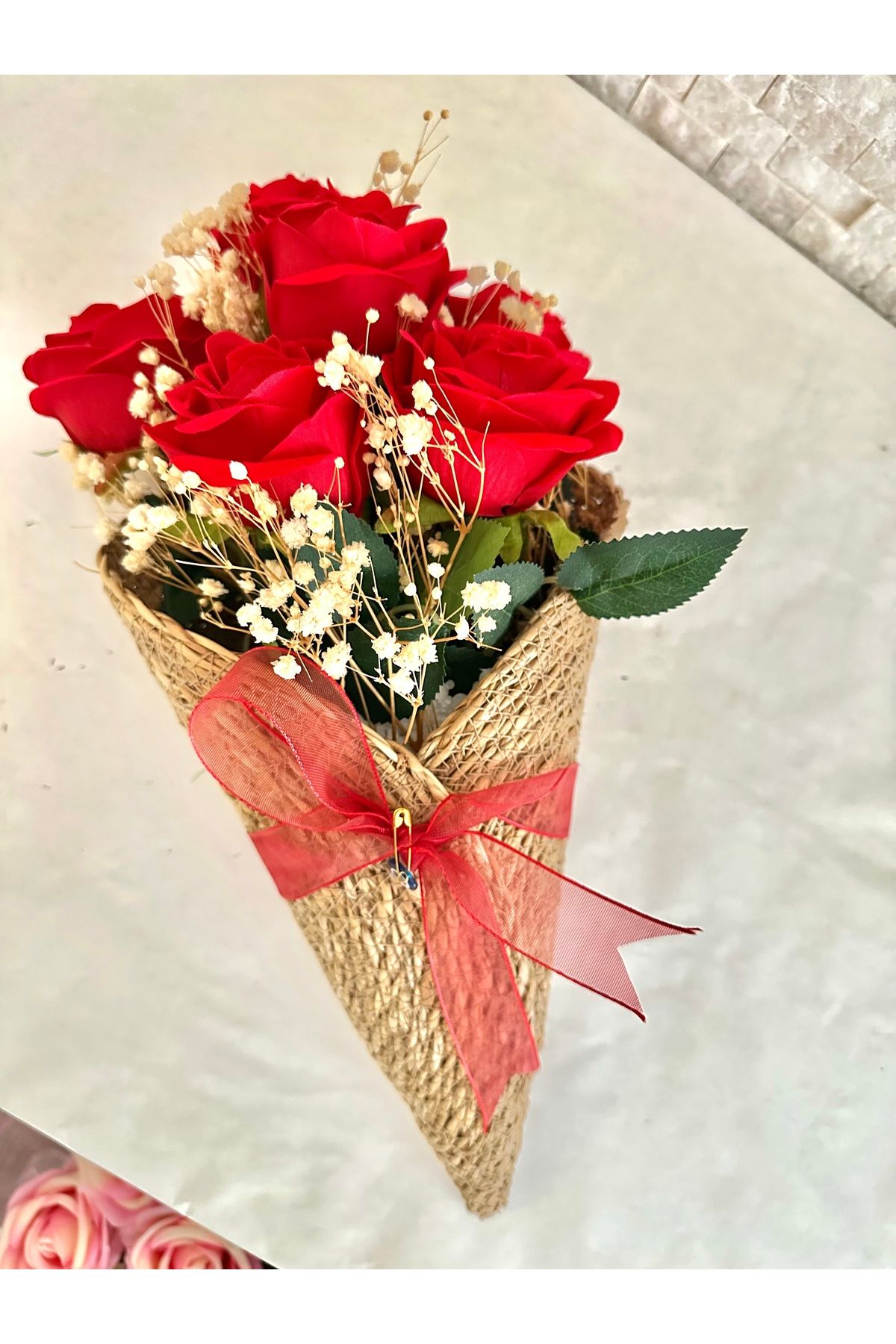 Luvi Handmade Bambu🎋Hasır Küllah TasarımlıKadife Gül Buketi! Aşırı Doğal