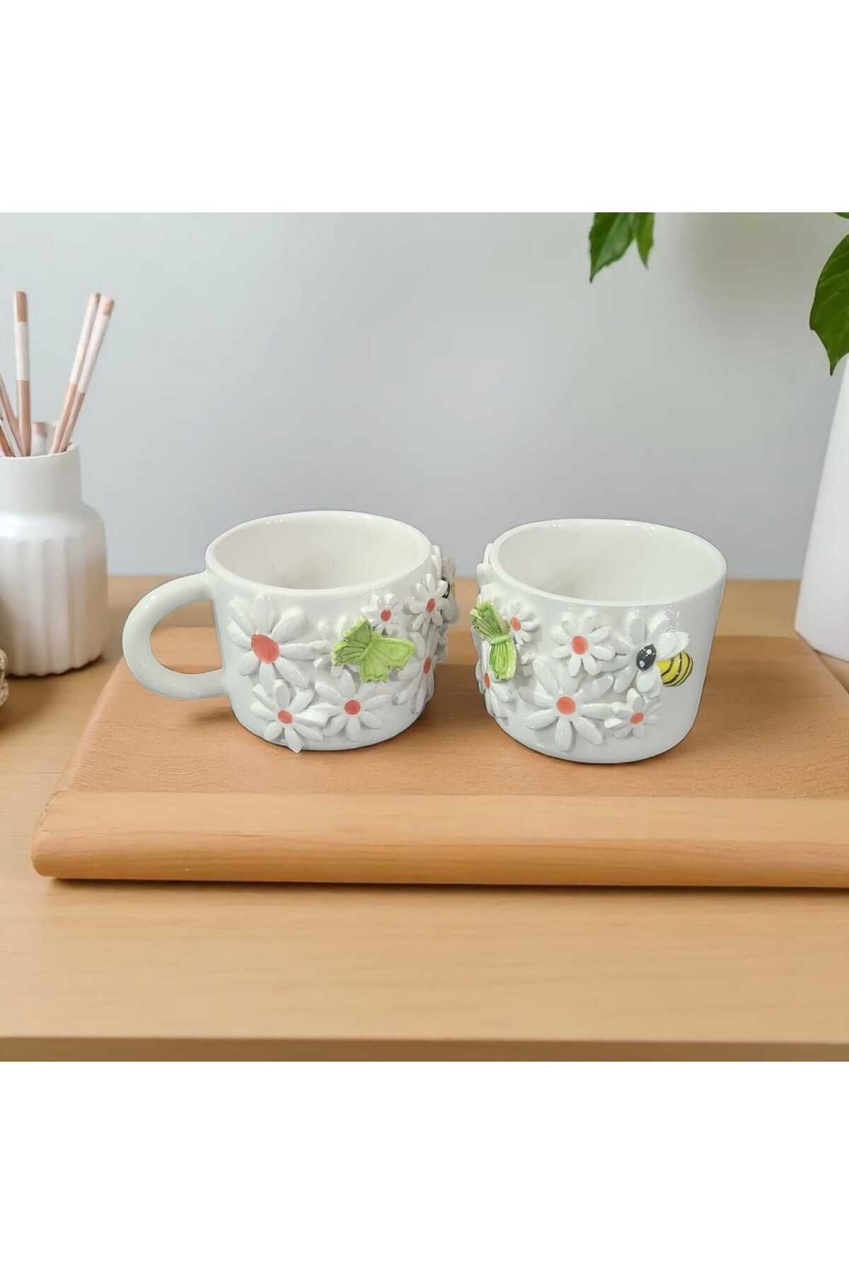 sowilodoo Kelebek ve Arı Desenli Papatyalı Mug Bardak