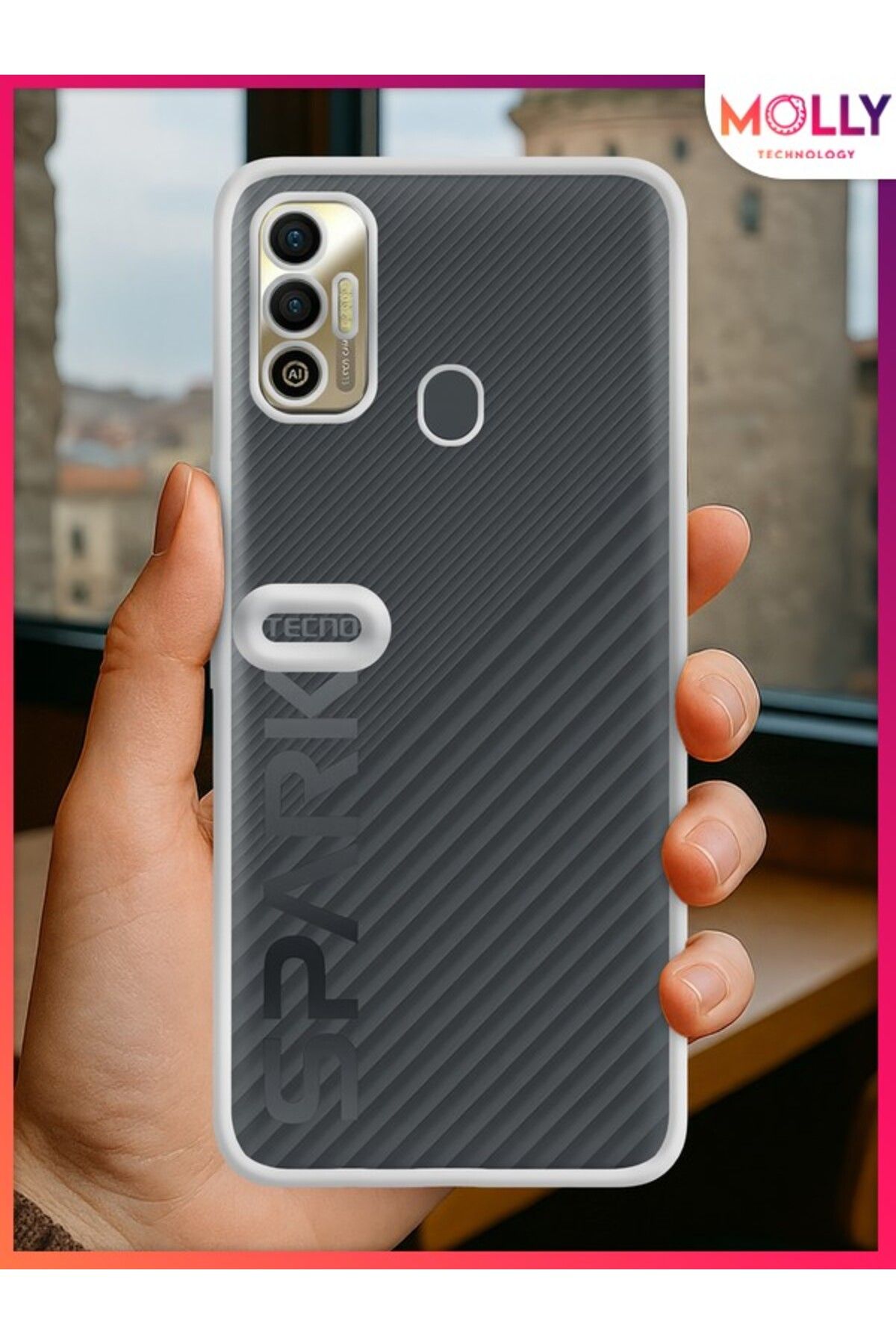 Molly Tecno SPARK 7 Için Kenarları Gümüş Lens Koruyuculu Lou Lazer Şeffaf Silikon Kılıf