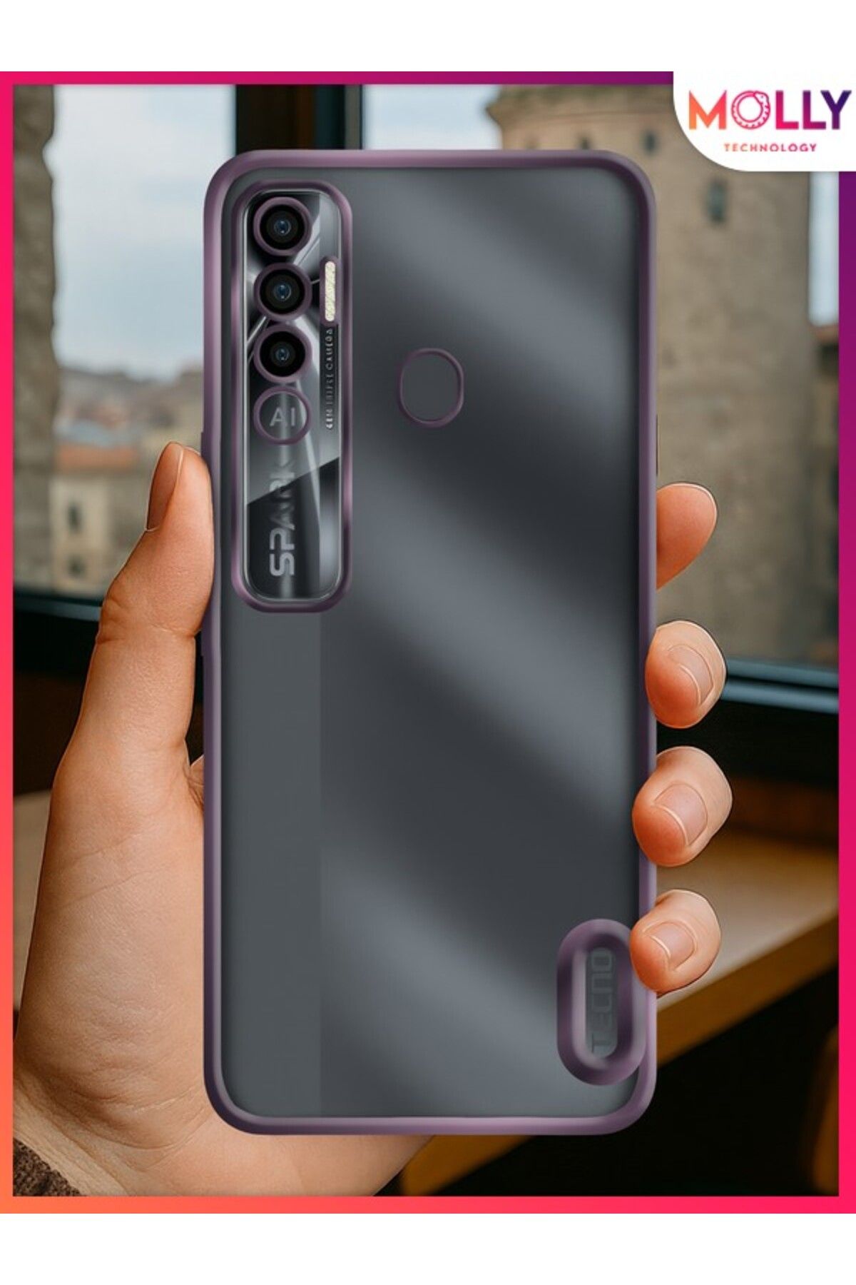 Molly Tecno SPARK 7 PRO Için Kenarları Derin Mor Lens Koruyuculu Lou Lazer Şeffaf Silikon Kılıf