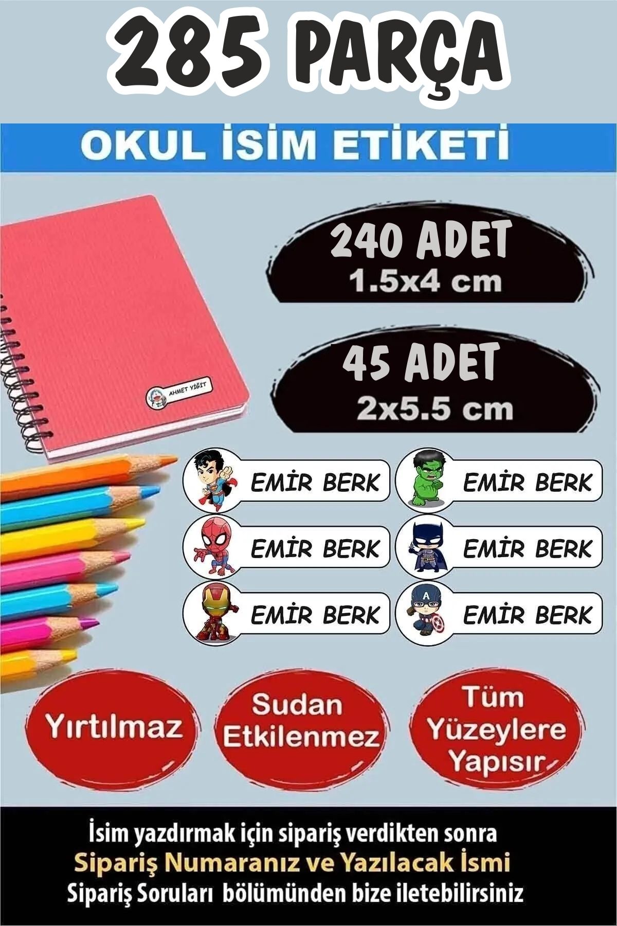 KT Decor Okul Etiketi Kalem Defter Etiketi Özel Isimli Etiket Minik Yenilmezler 6 Figür 285 Parça