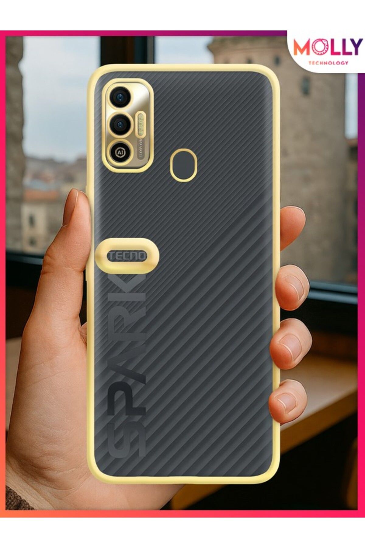 Molly Tecno SPARK 7 Için Kenarları Gold Lens Koruyuculu Lou Lazer Şeffaf Silikon Kılıf