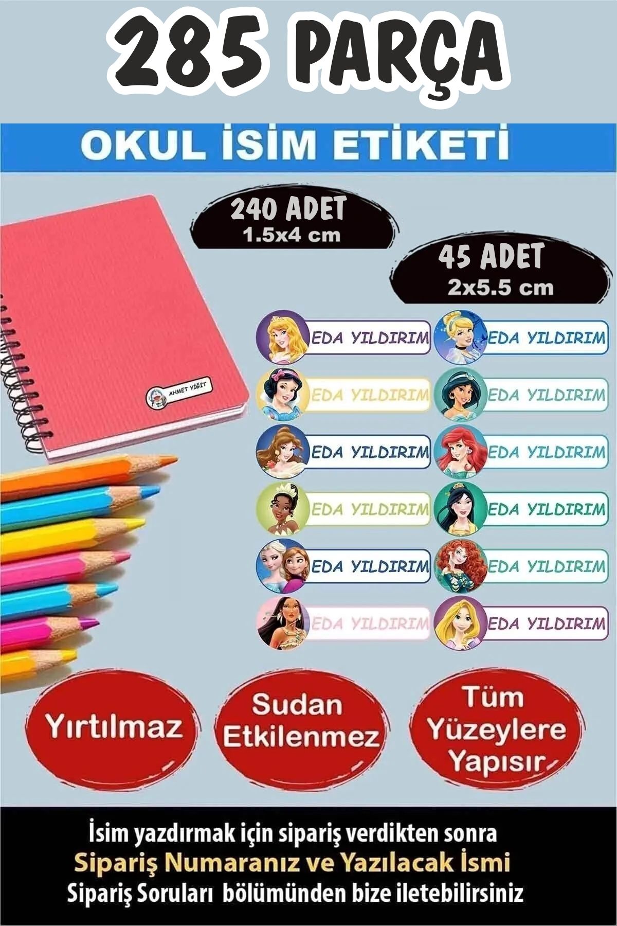 KT Decor Okul Etiketi Kalem Defter Etiketi Özel Isimli Etiket Prensesler 12 Figür 285 Parça